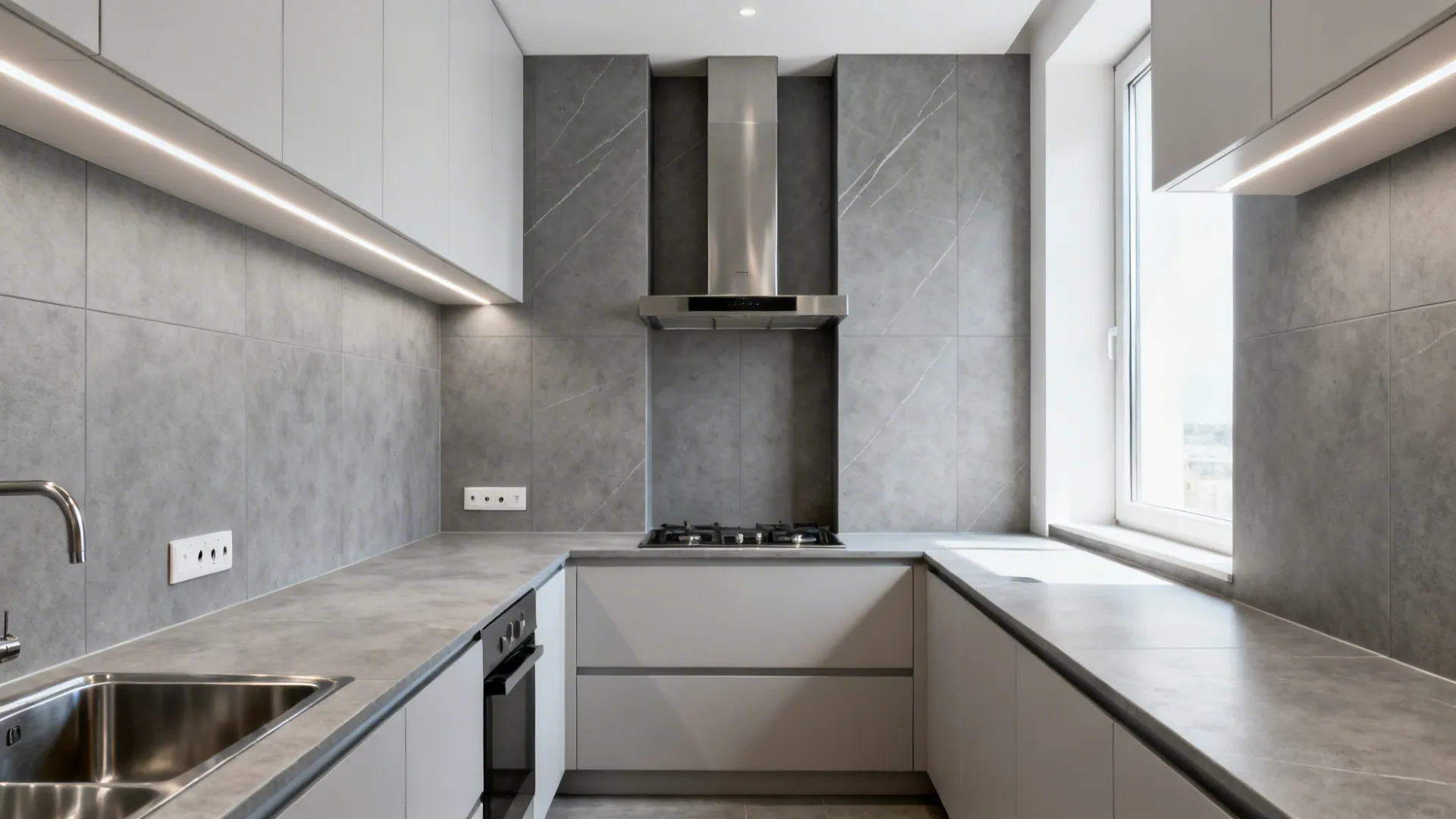 Small galley kitchen with large-format grey porcelain slabs and minimal grout lines for a wider feel.