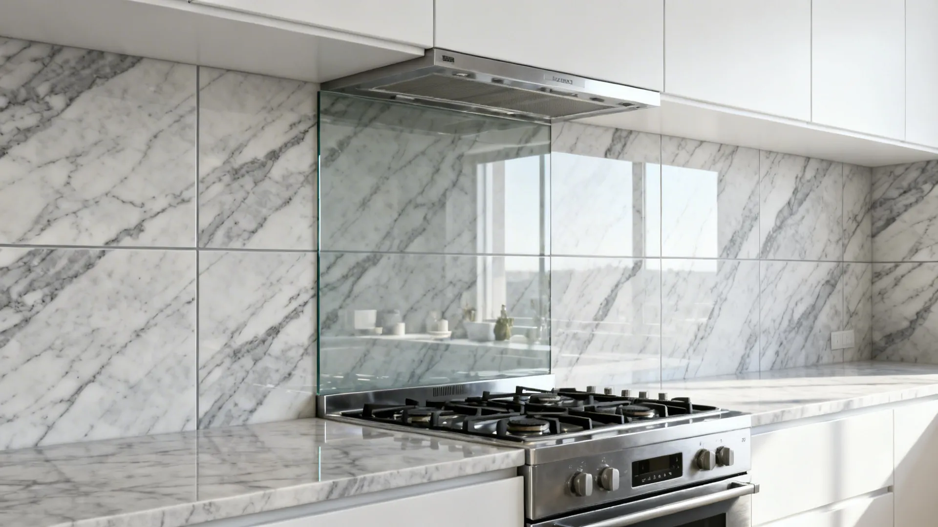 Range wall with large-format grey-white veined porcelain tiles and minimal grout lines.