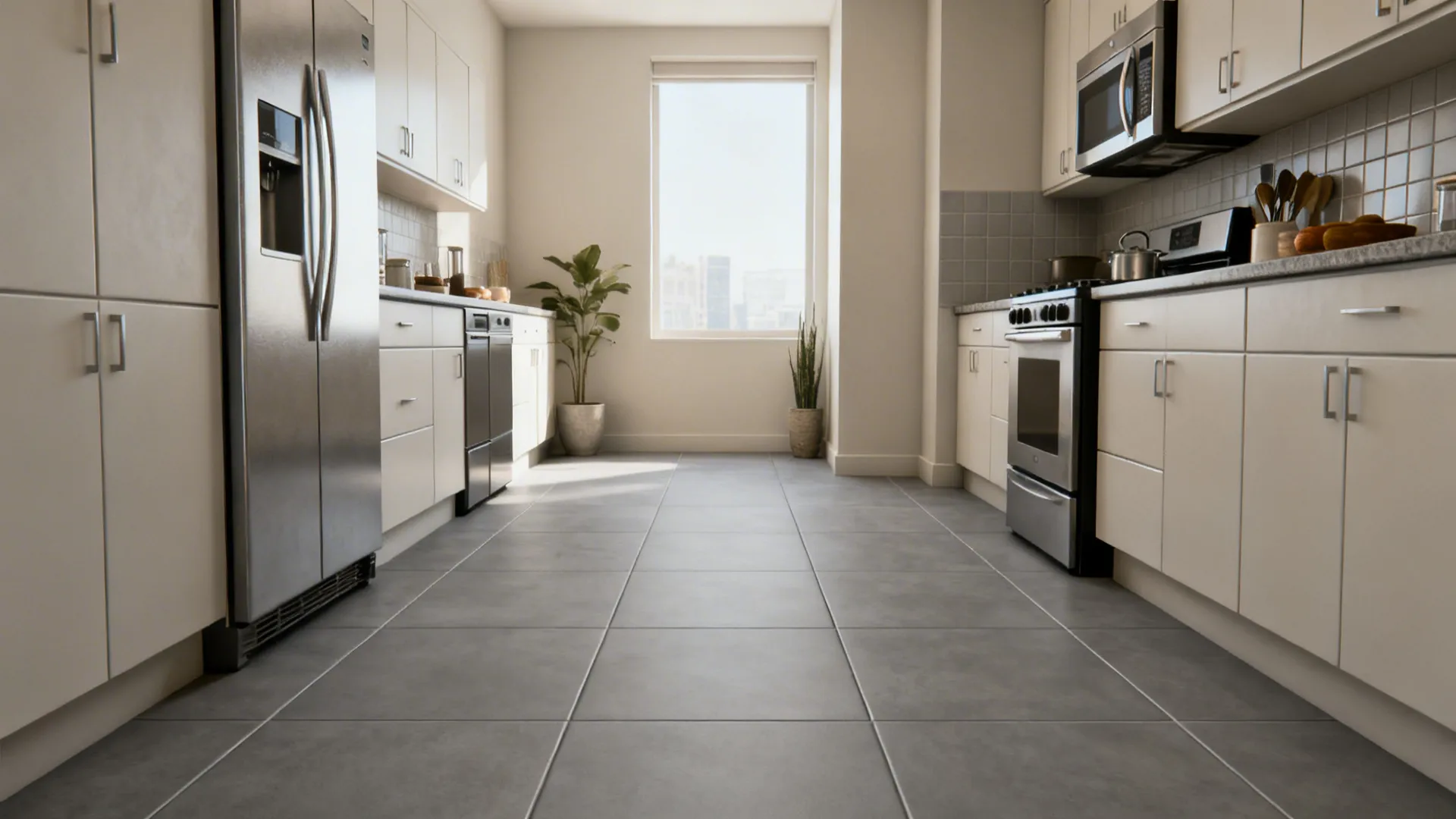 Small kitchen showcasing matte gray 24x48 porcelain tiles with minimal grout lines.