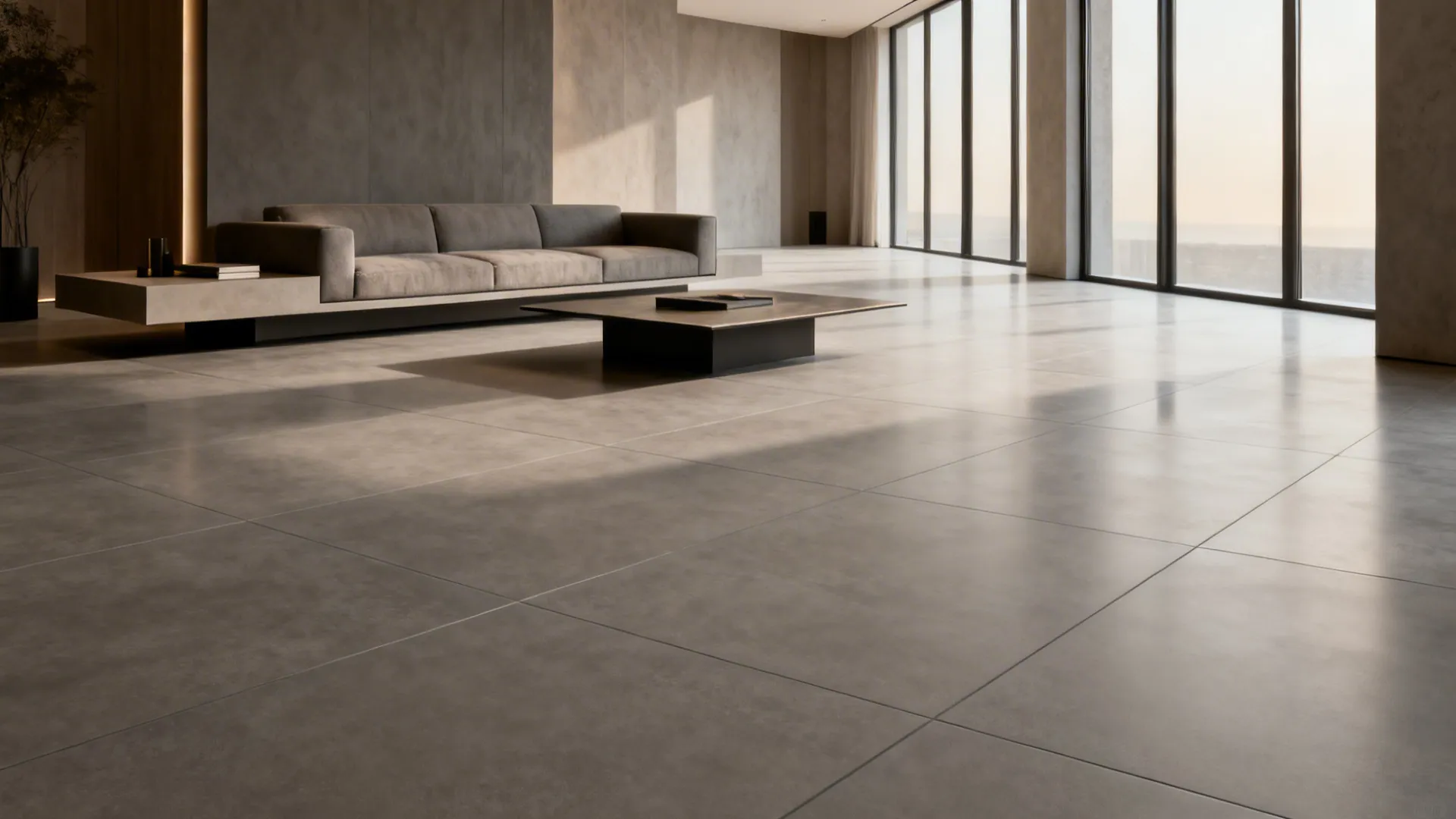 Living room with 36x36 and 48x48 matte gray porcelain slabs creating a seamless modern floor.