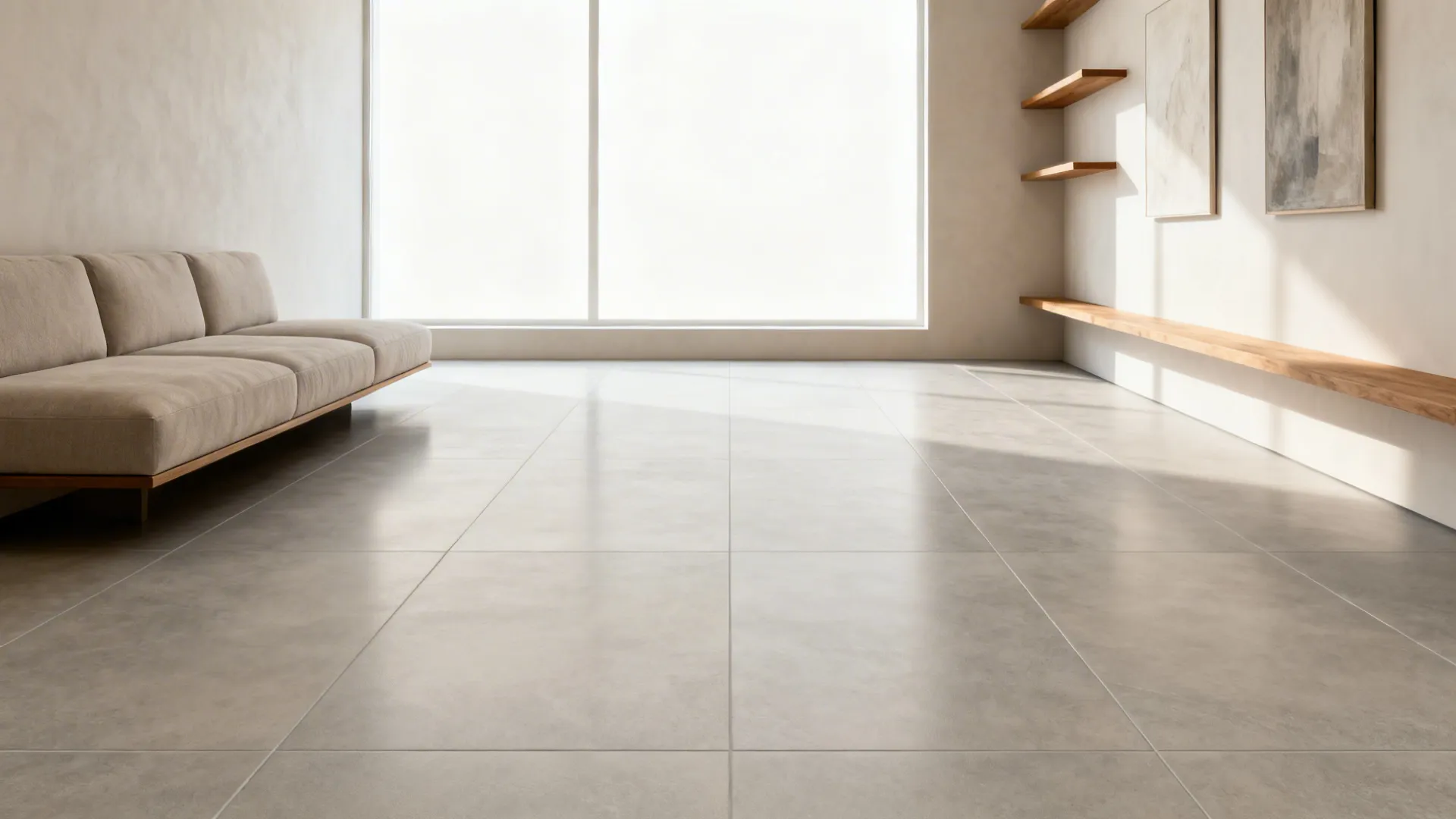 Large-format 24×48 porcelain tiles run lengthwise to elongate a small living room.