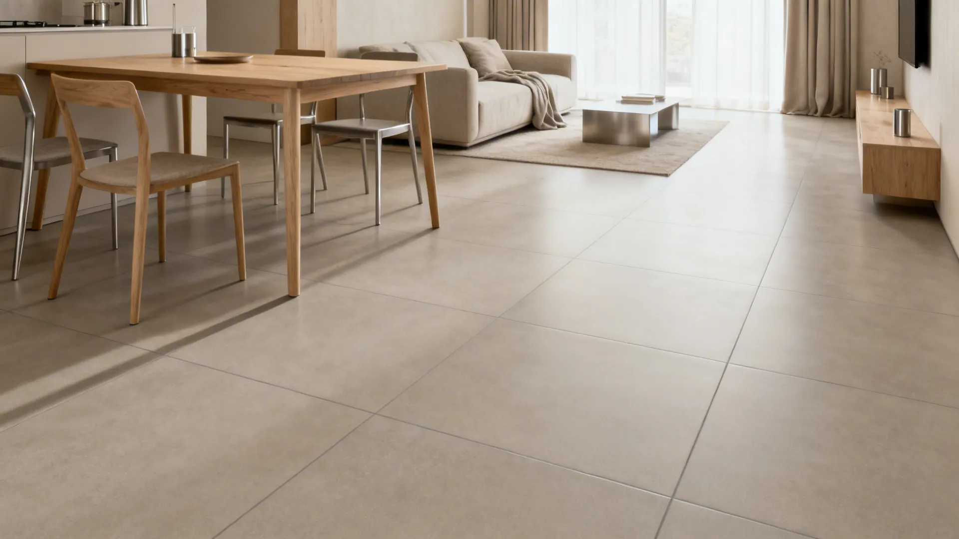 Large beige floor tiles in modern living room with wooden dining table and soft grey sofa