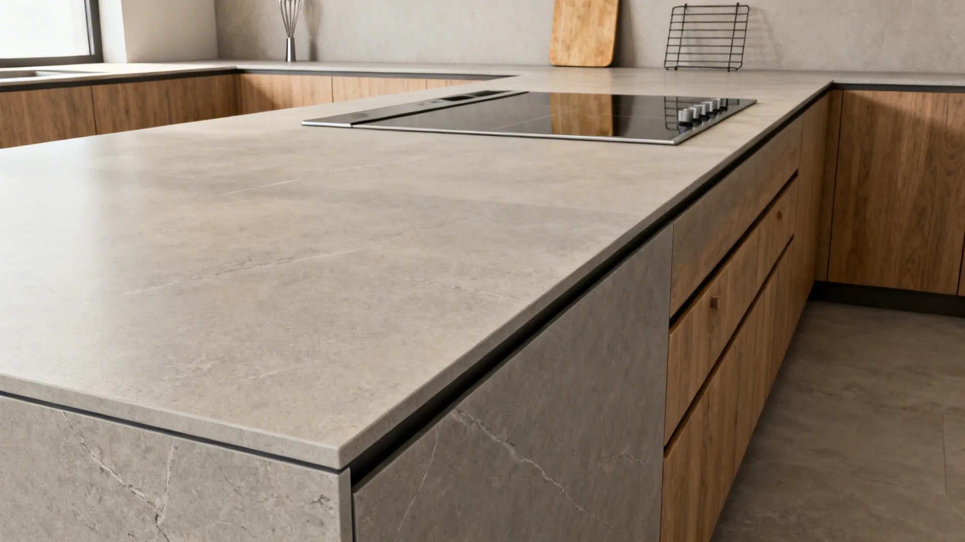 Large-format porcelain countertop with minimal grout lines in a compact modern kitchen.