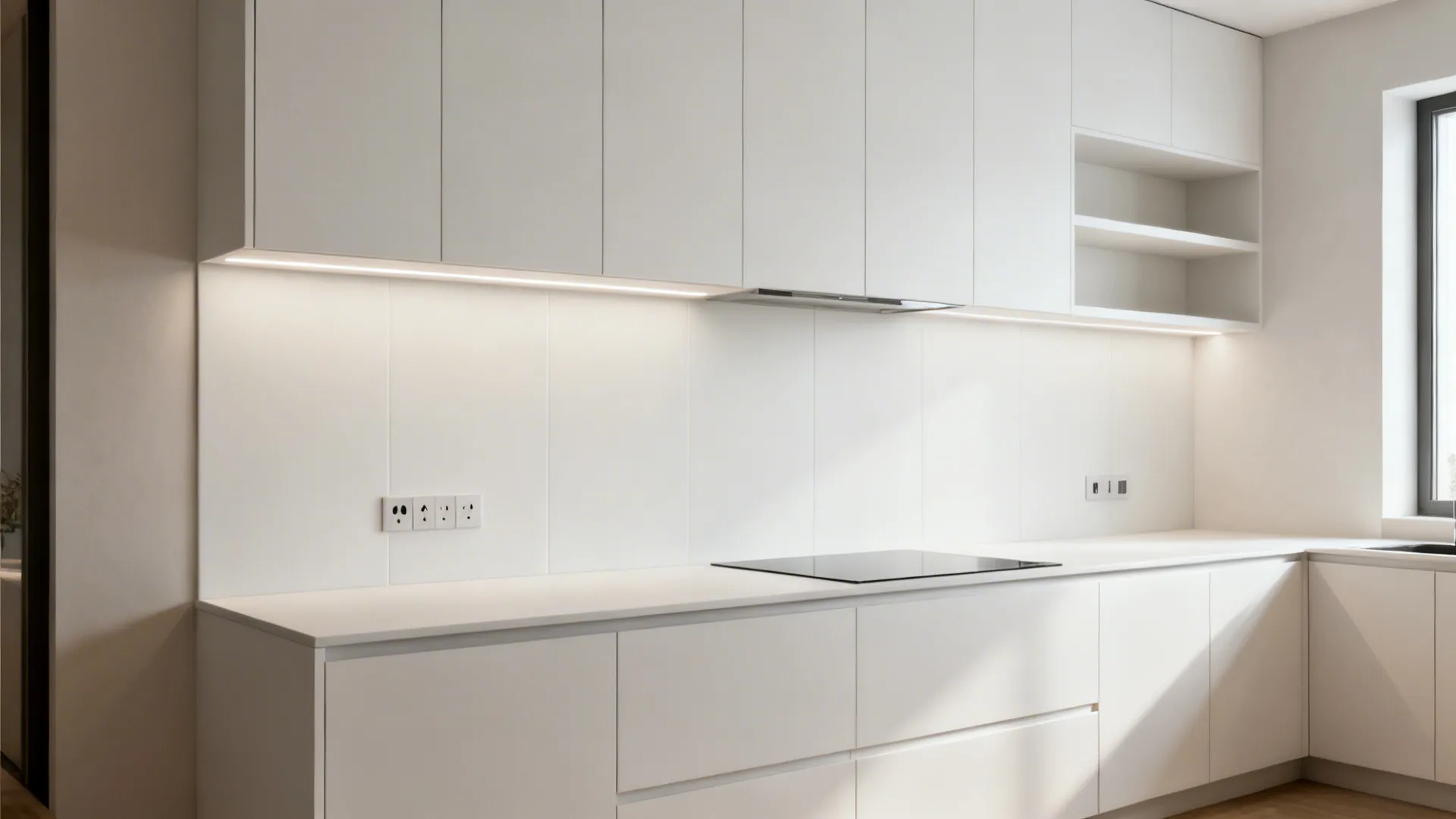Large-format matte white porcelain panel backsplash with aligned seams and minimal grout