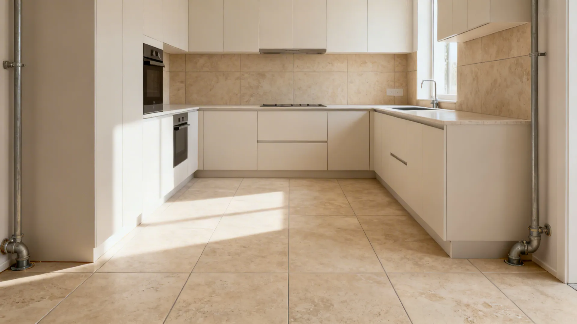 Small kitchen after using large-format porcelain tiles with minimal grout for a seamless, spacious look.