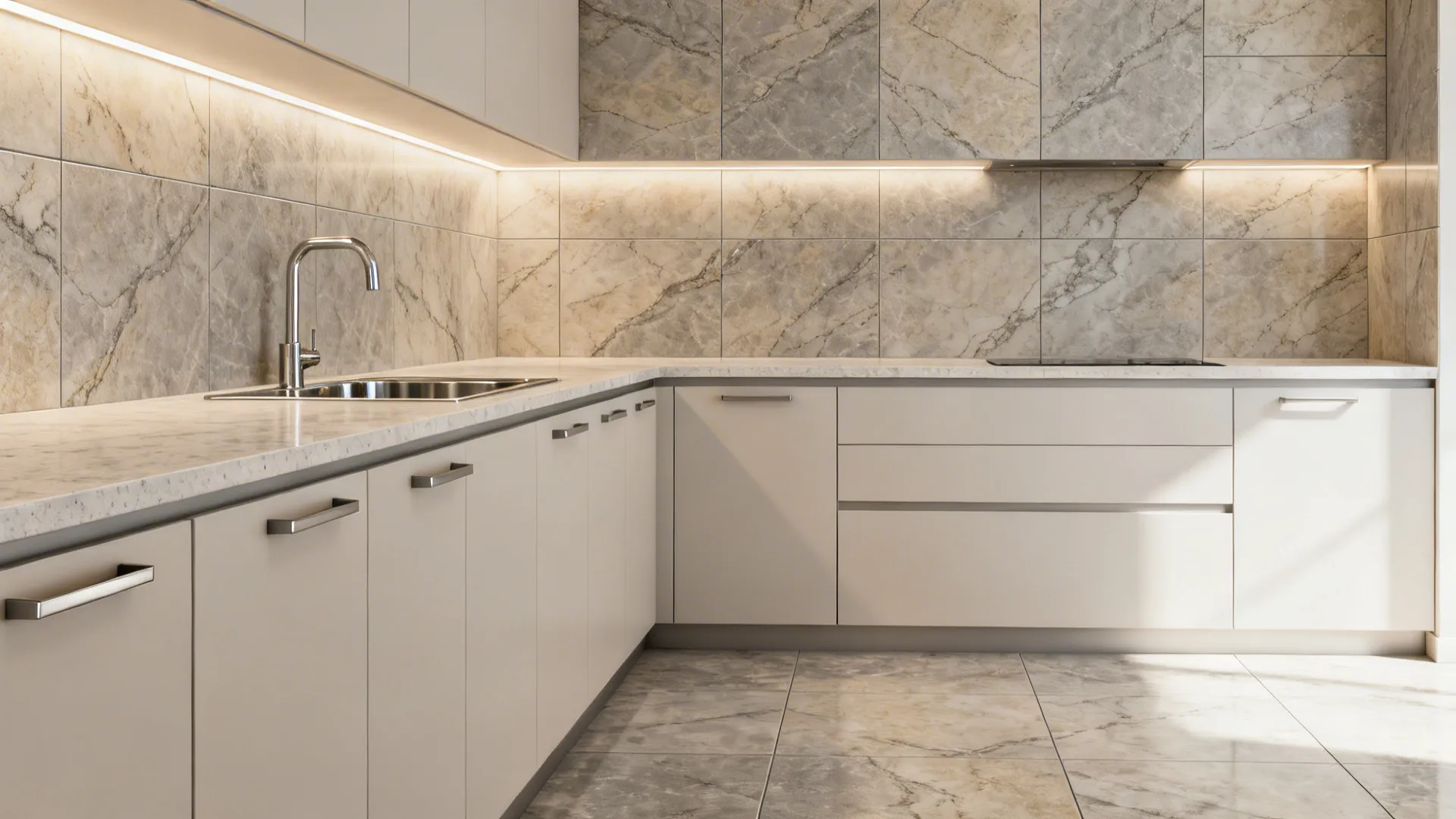 Indian kitchen with 4x2 ft large-format porcelain on backsplash and floor with minimal grout