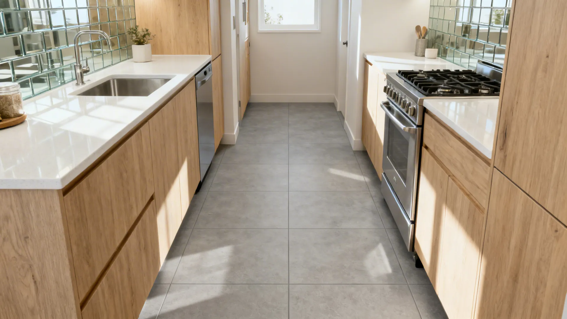 Small galley kitchen with 24x24 porcelain tiles and minimal grout lines for a seamless look.