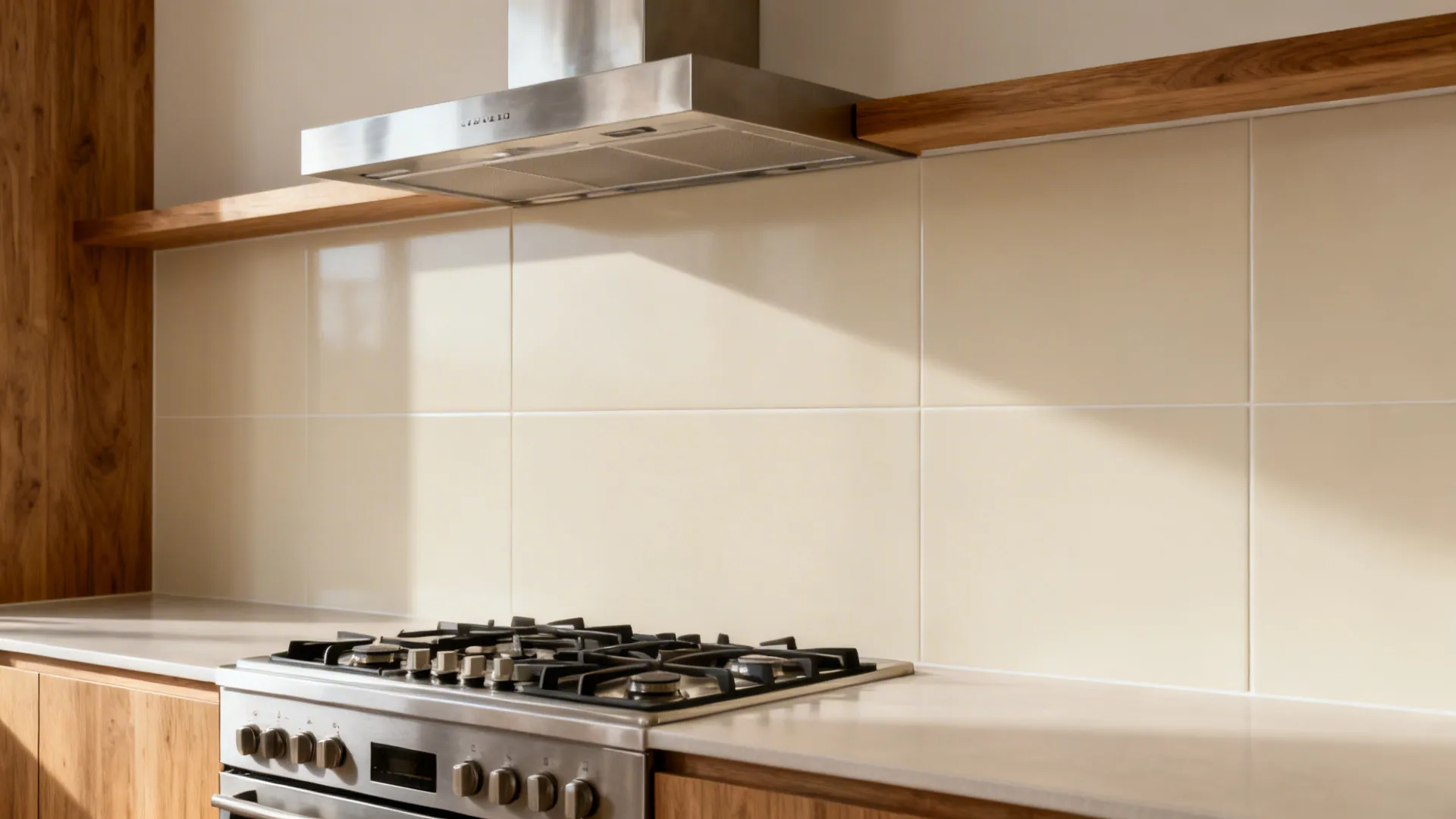 Cream large-format porcelain slab backsplash with minimal grout behind a cooktop.