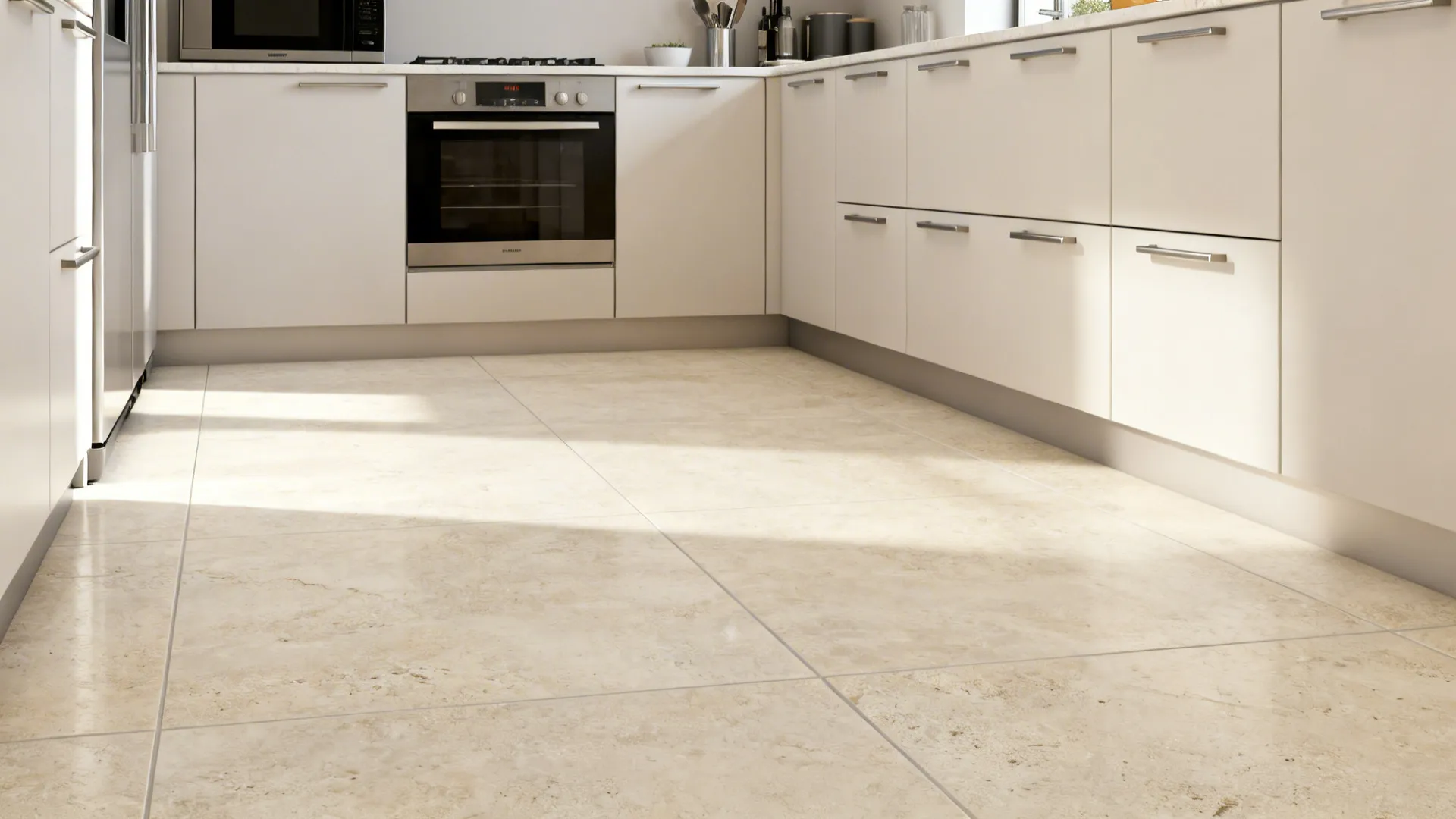 Small kitchen with 24x48 light limestone-look porcelain floor creating a seamless, calm surface.