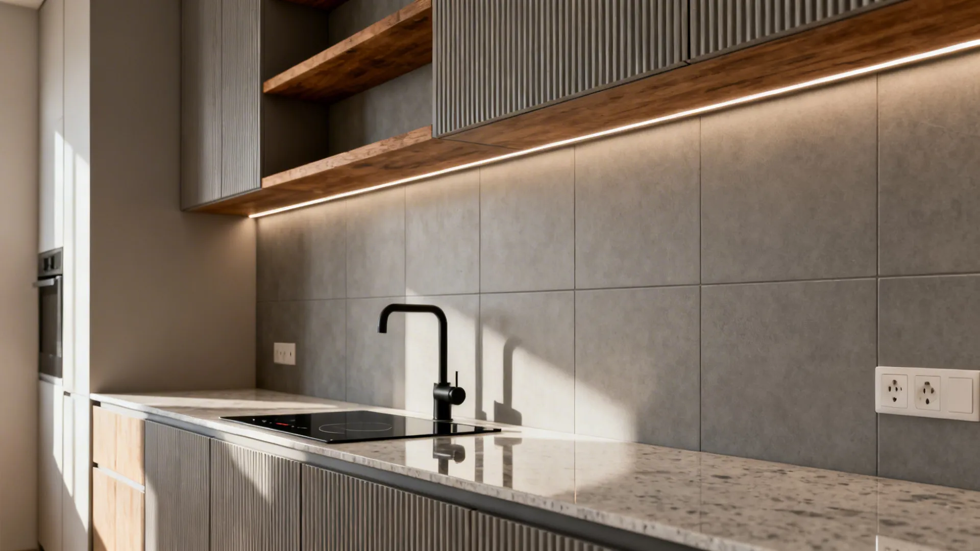 Small galley kitchen with 24x24 matte porcelain backsplash and minimal grout lines.