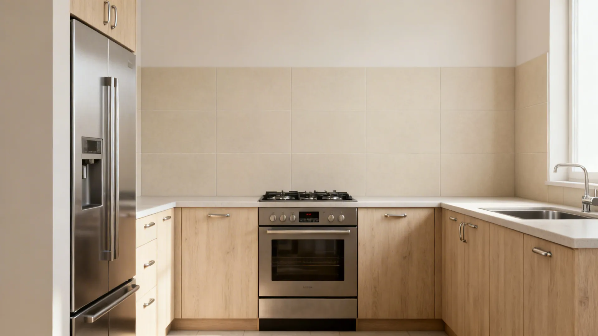 Large-format slab-look porcelain tiles with tight joints create a seamless small kitchen backsplash.
