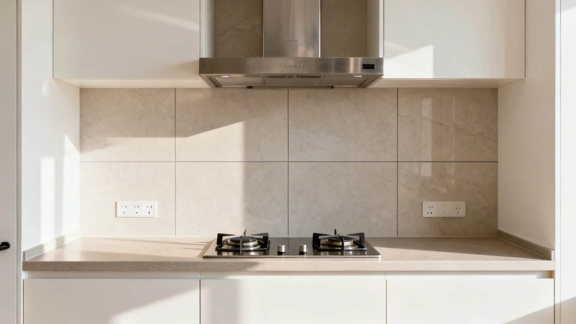 Seamless large-format porcelain backsplash behind a compact cooktop with minimal grout lines.