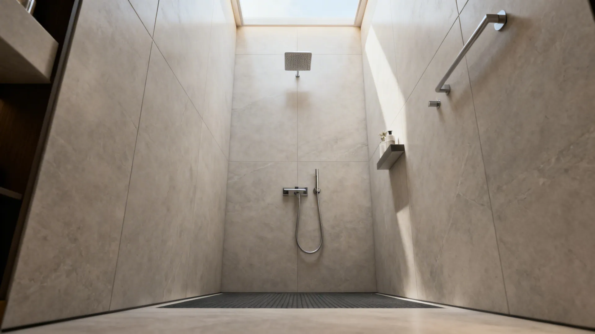 Small shower clad in large-format porcelain slabs with minimal grout for a seamless look