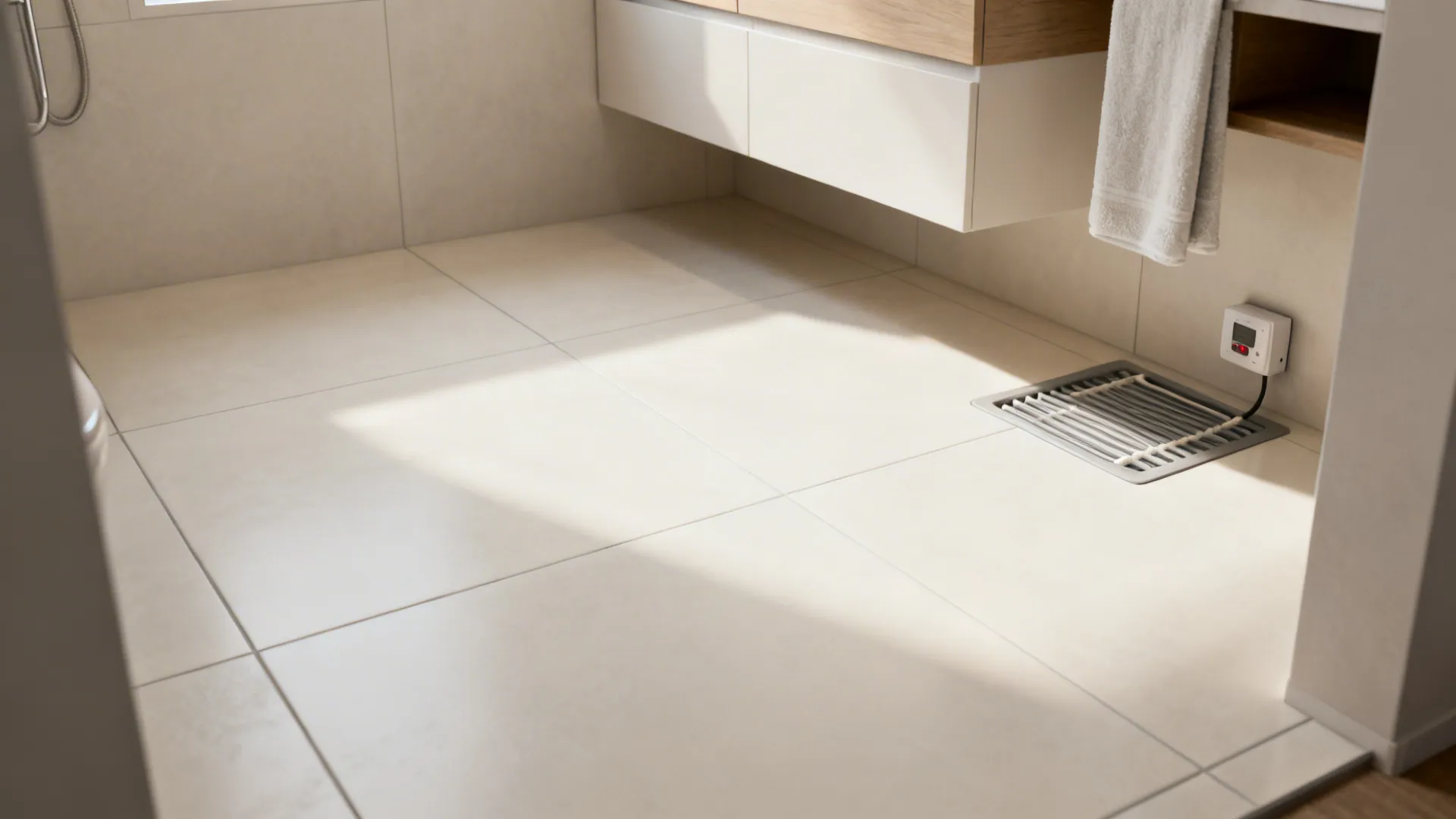Tiny bathroom floor with large-format porcelain tiles and minimal grout lines, warm soft light.