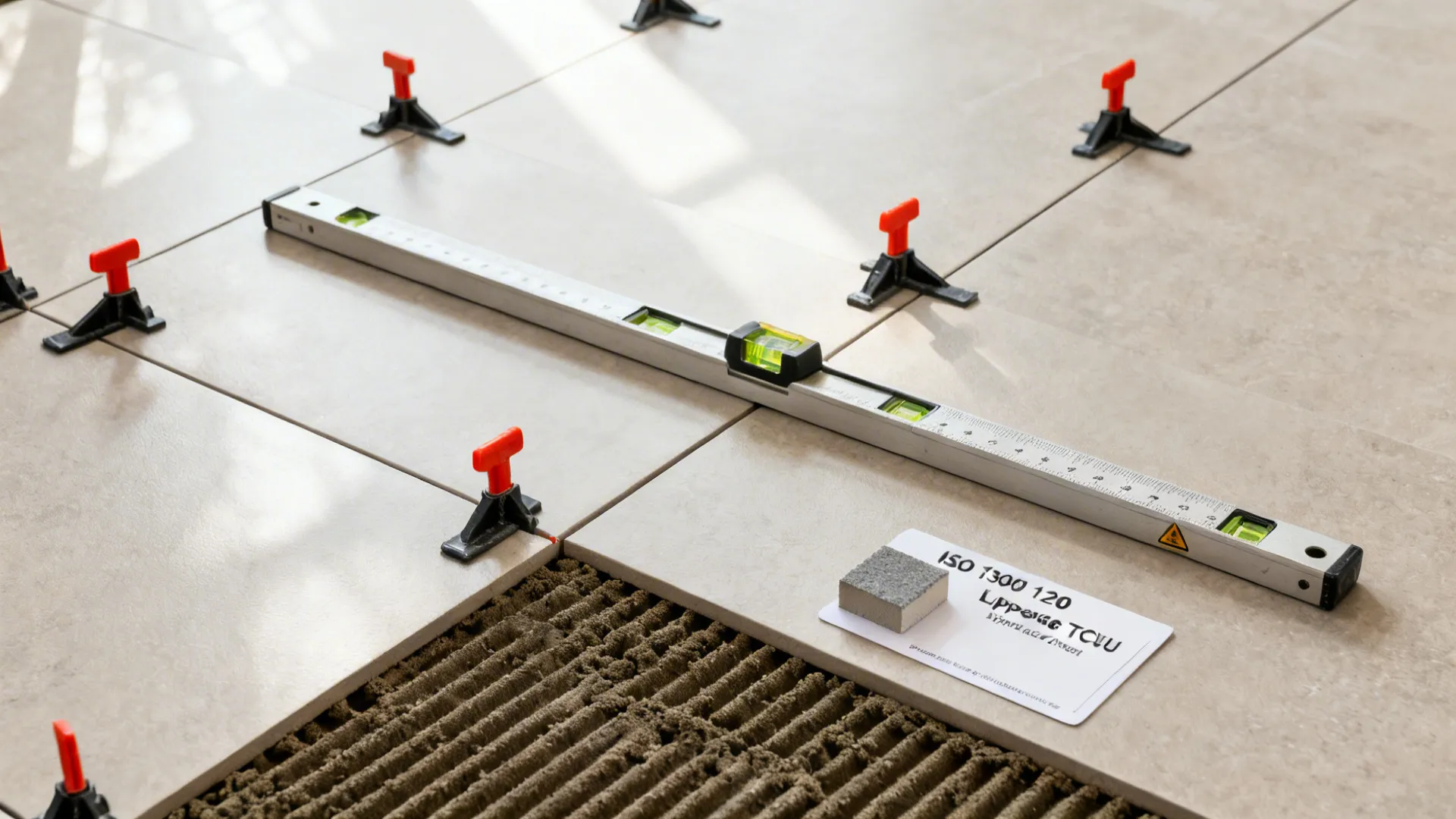 Floor tiles being installed with red leveling spacers and a long metal level on the surface