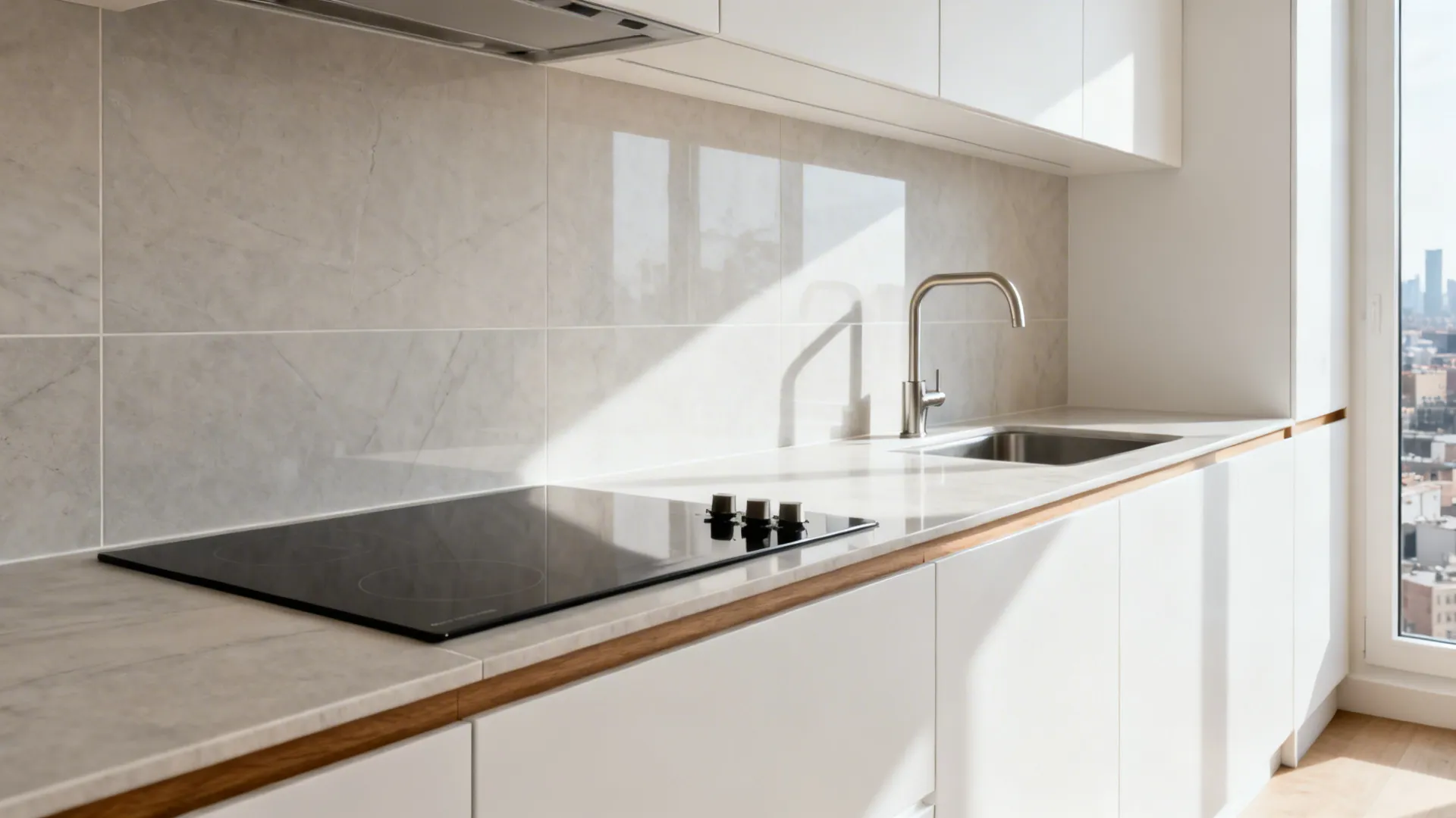 Small city kitchen with large-format porcelain slabs creating a seamless countertop-to-backsplash surface.
