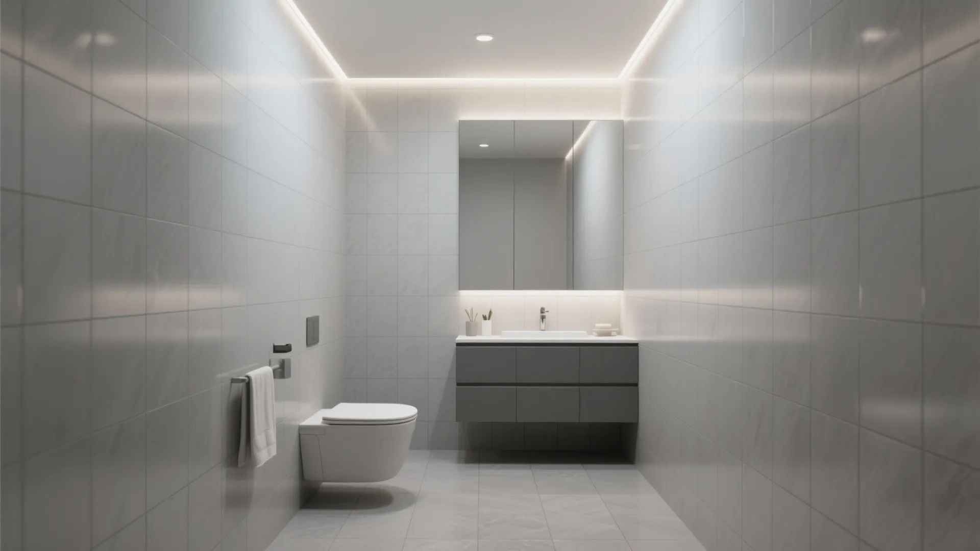 Modern minimal bathroom design with grey wall tiles white toilet cabinet mirror and warm lighting
