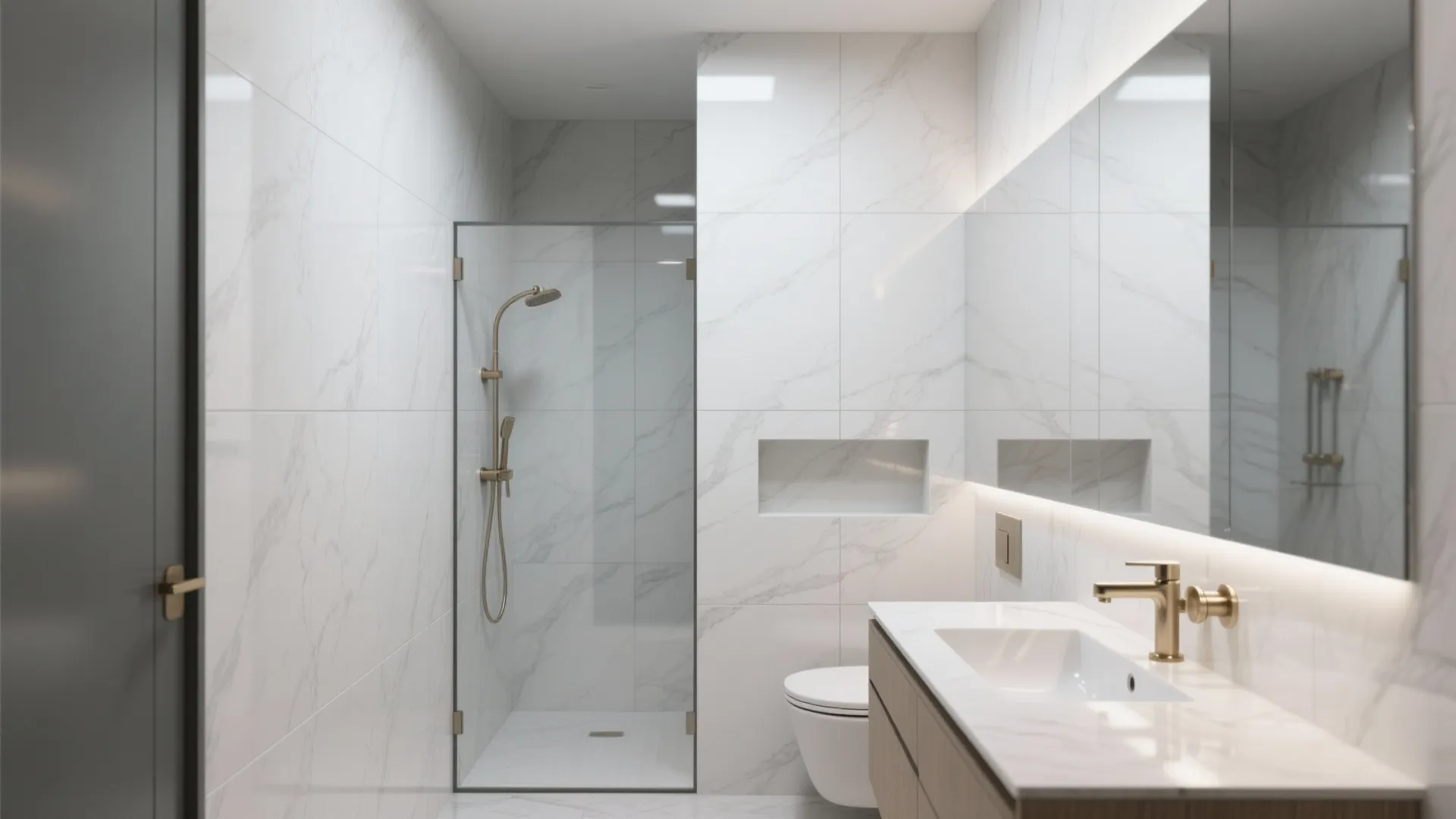 Modern bathroom with white marble wall tiles glass shower door vanity sink and large wall mirror