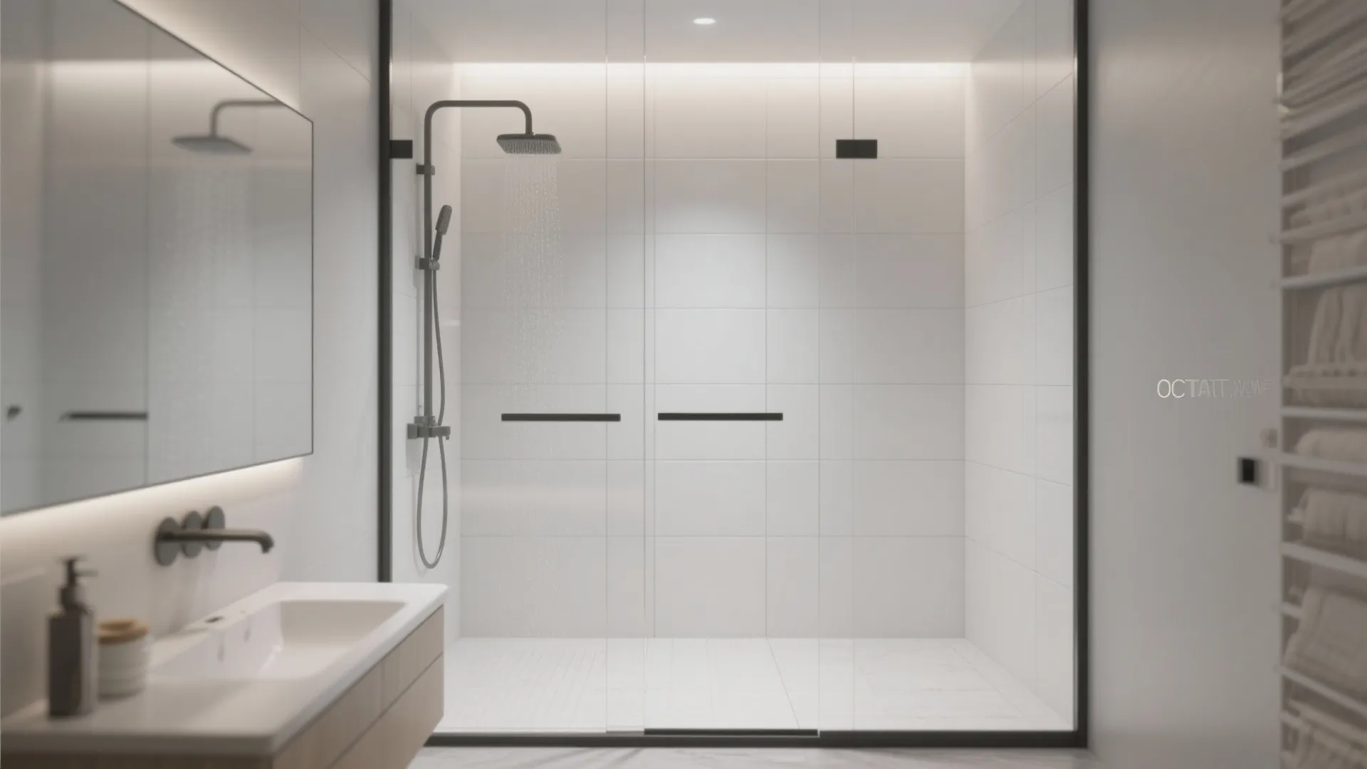 Modern bathroom with glass shower door white wall tiles black shower head and a sink