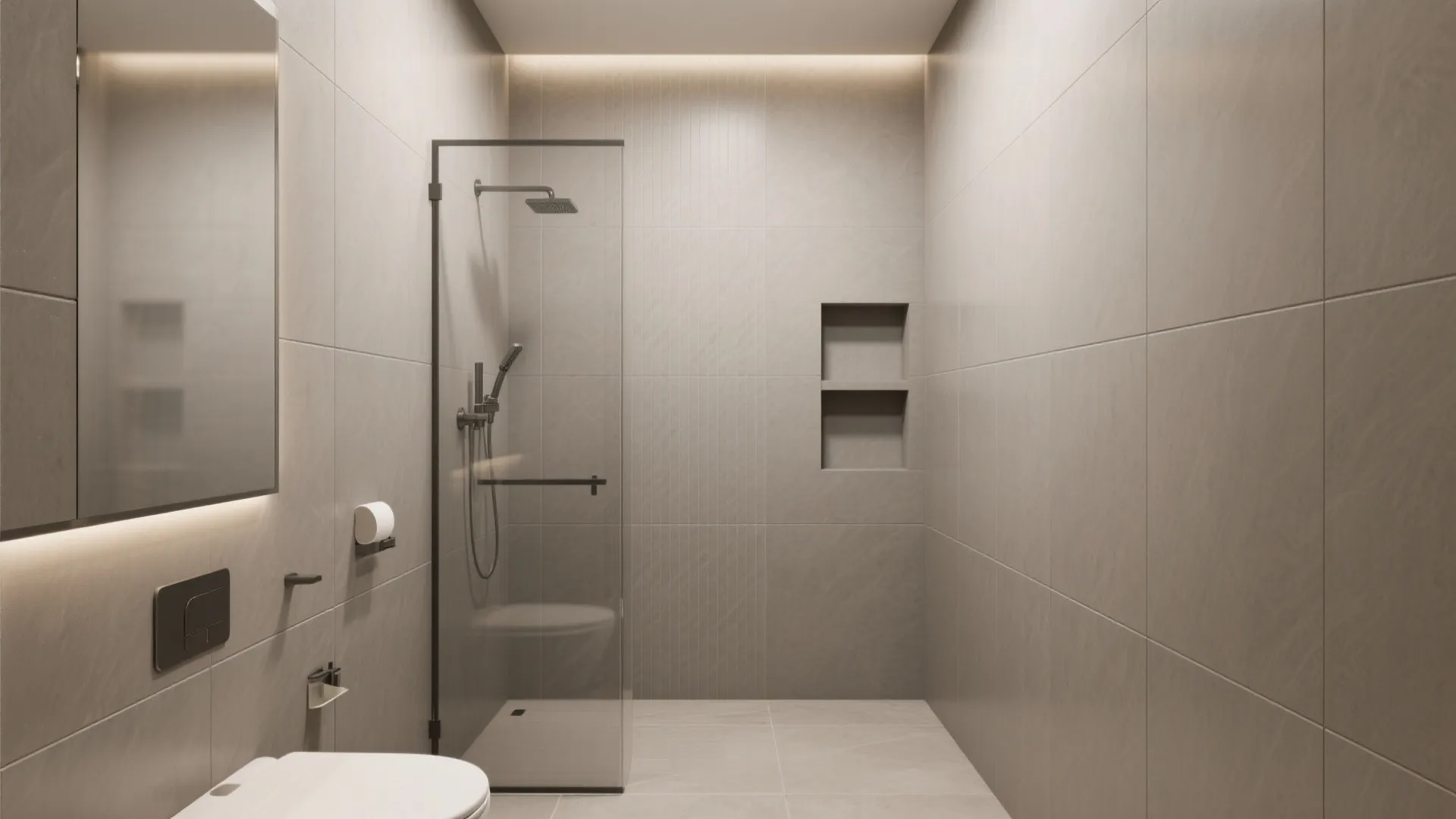 Modern bathroom with large format grey tiles glass shower door wall niches and warm lighting