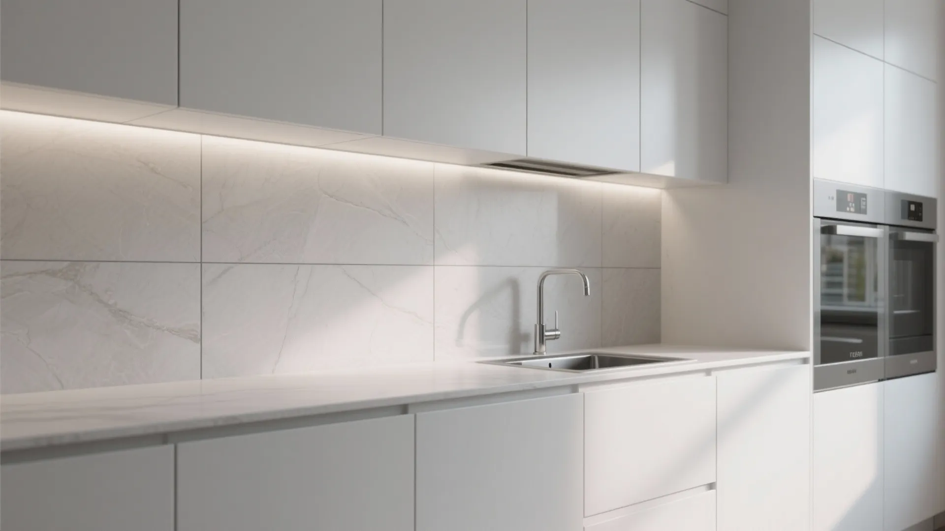 Modern white kitchen with marble wall tiles minimalist cabinets stainless steel sink and built in ovens