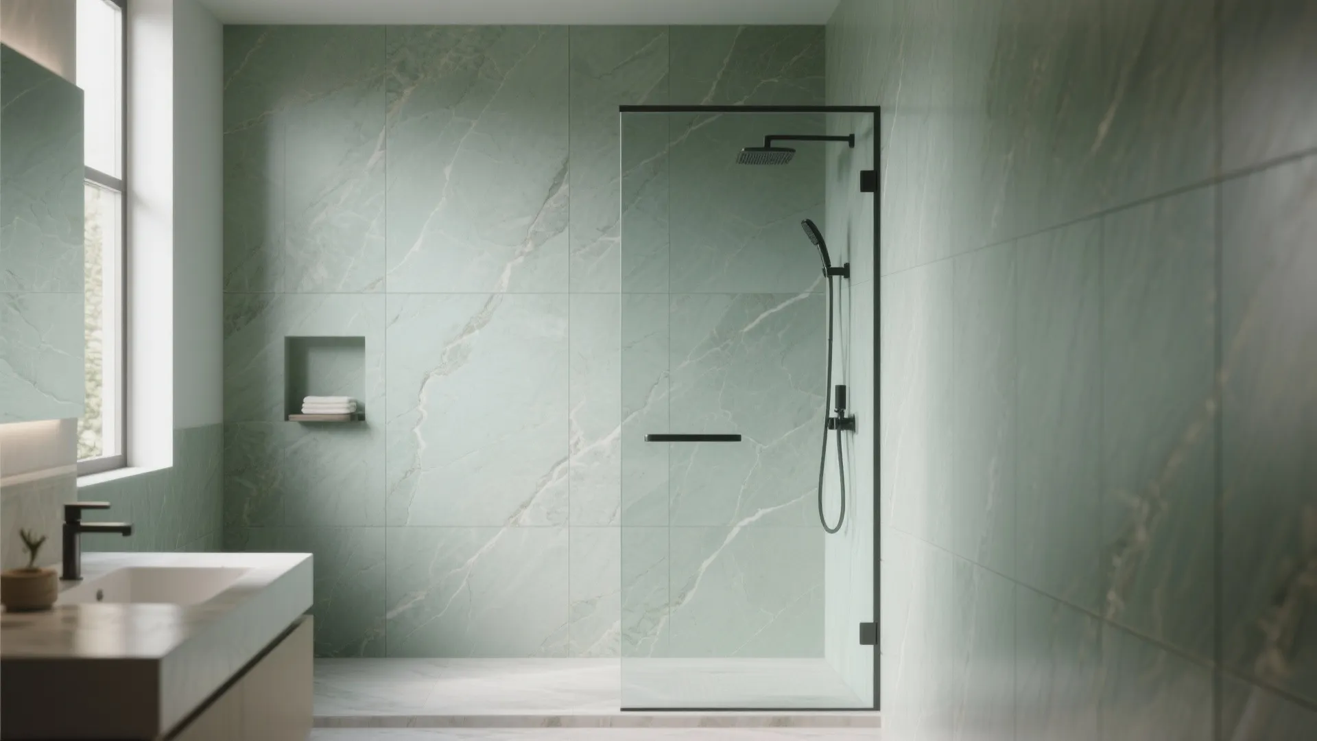 4. Large-format sage porcelain slabs