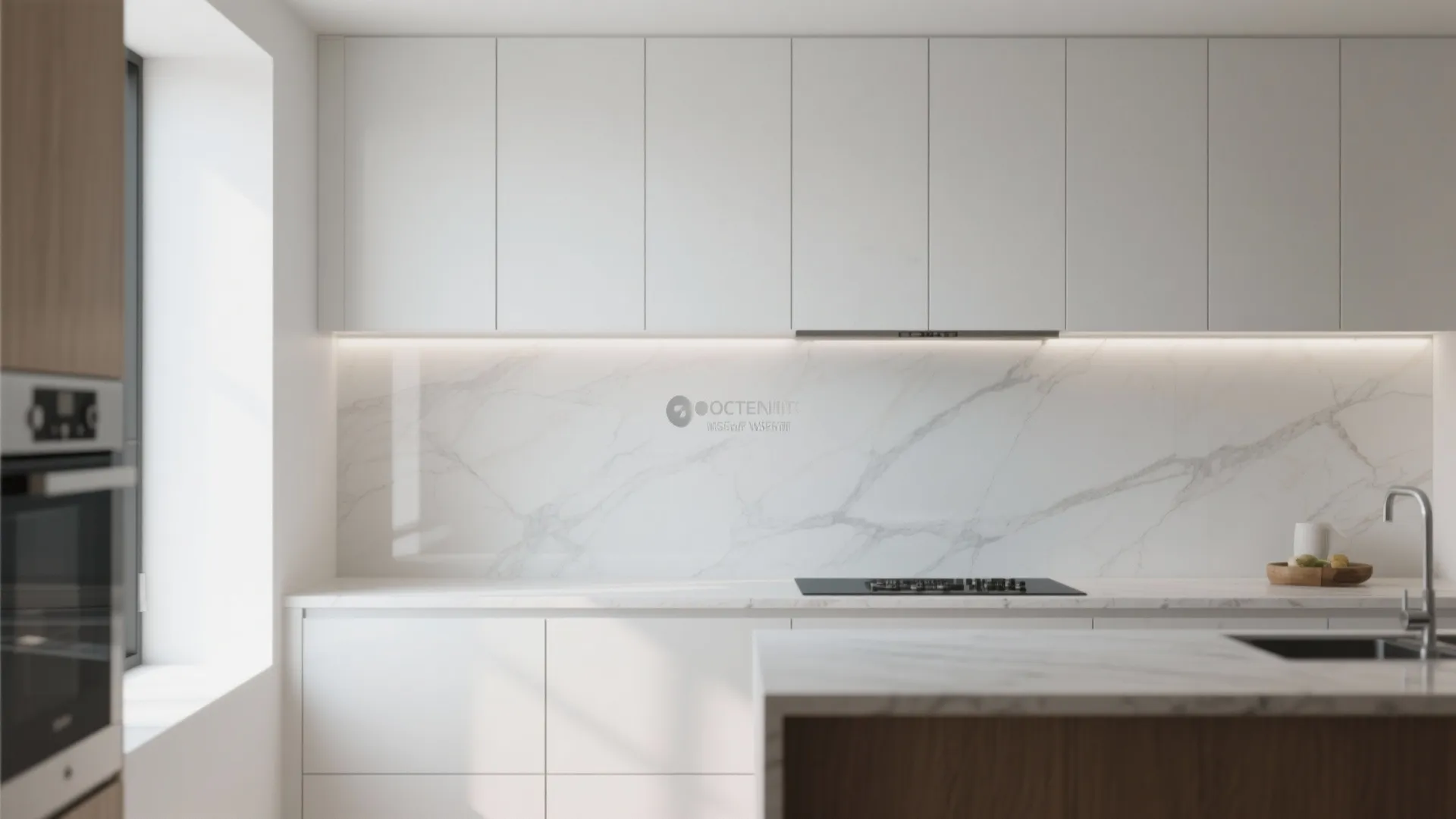 Minimalist white kitchen with a near-seamless large-format glazed porcelain slab splashback.