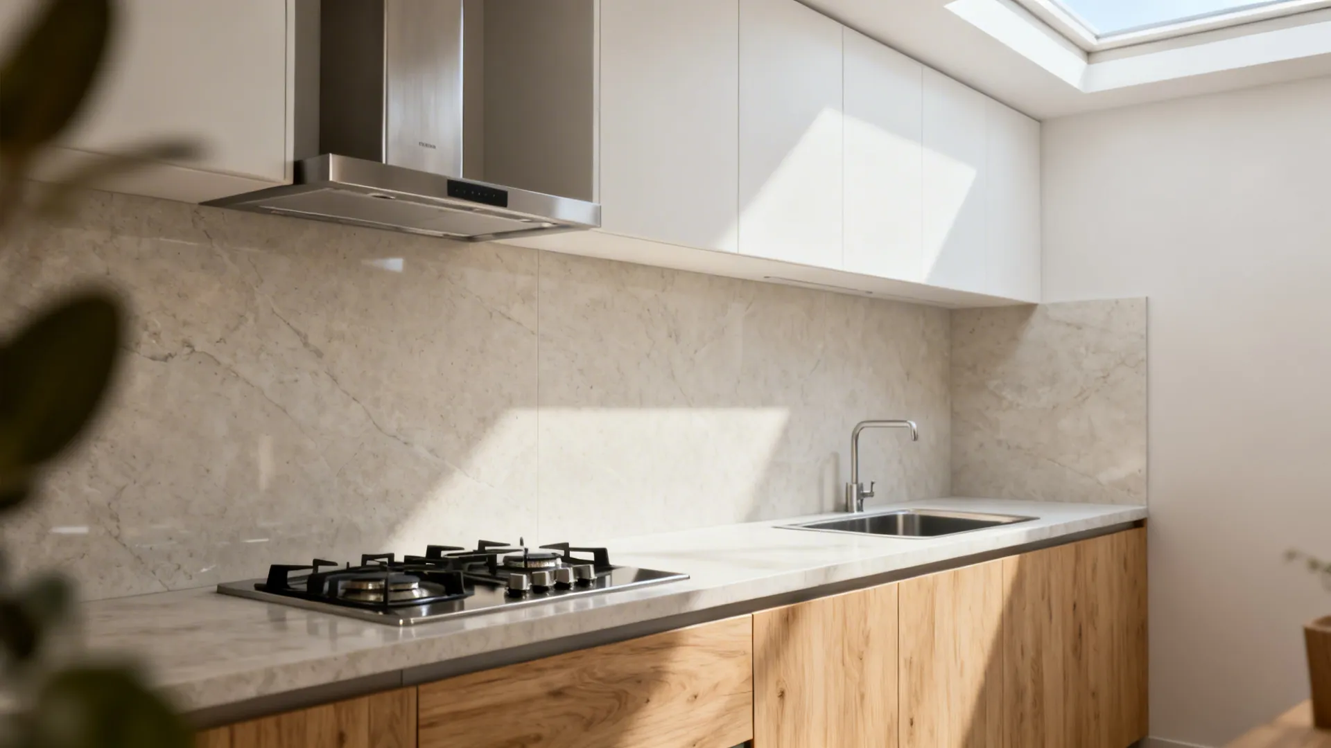 Light stone-look large-format porcelain slab backsplash with minimal seams in a small kitchen.