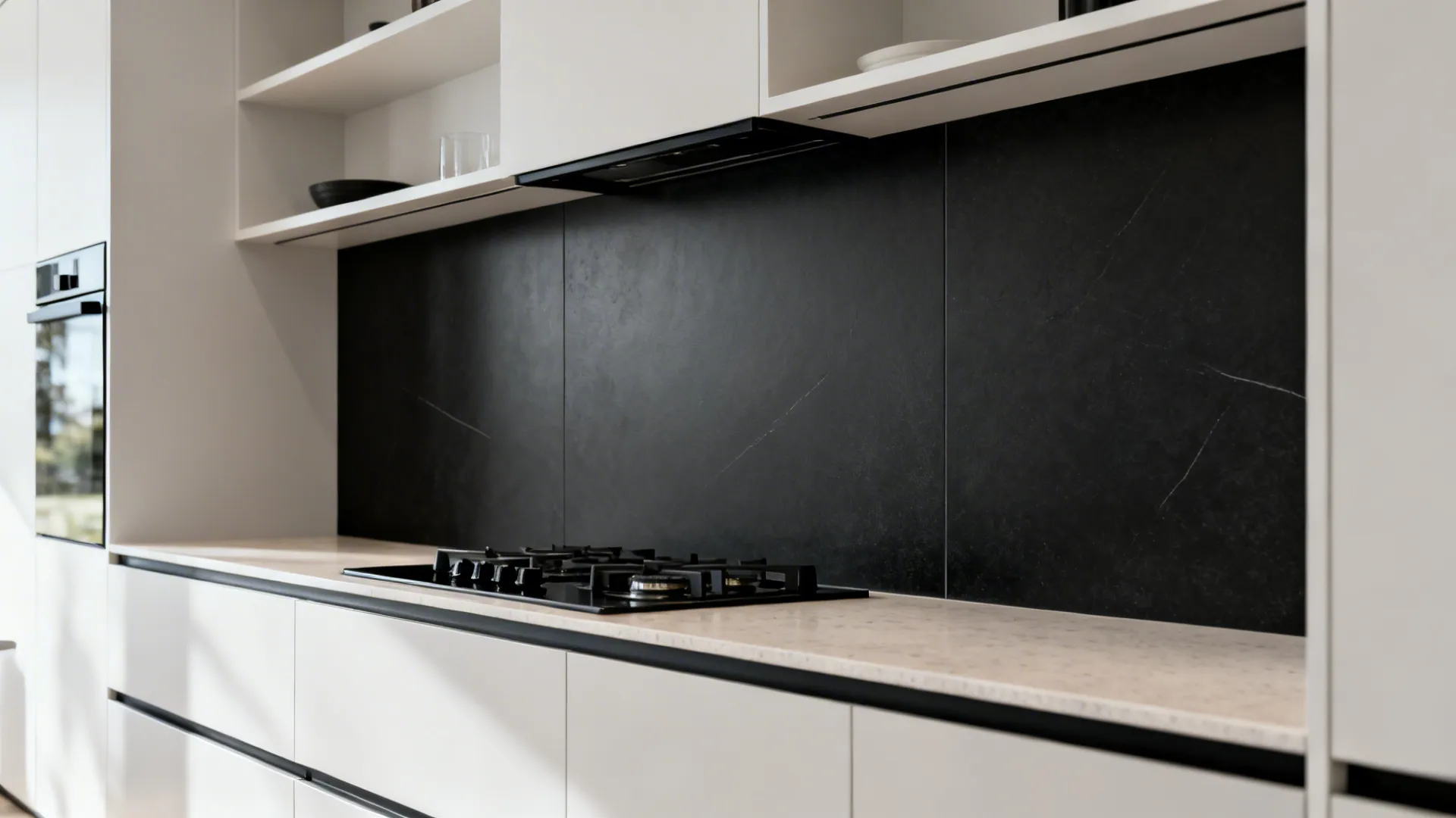 Large-format black porcelain slab backsplash with satin finish and minimal joints.
