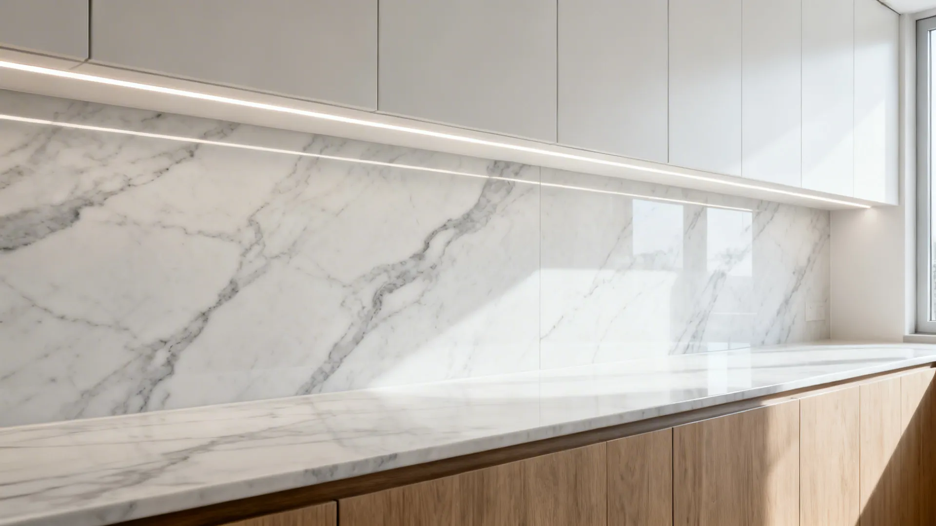 Large-format porcelain slab backsplash with subtle veining creates a seamless look in a small kitchen.