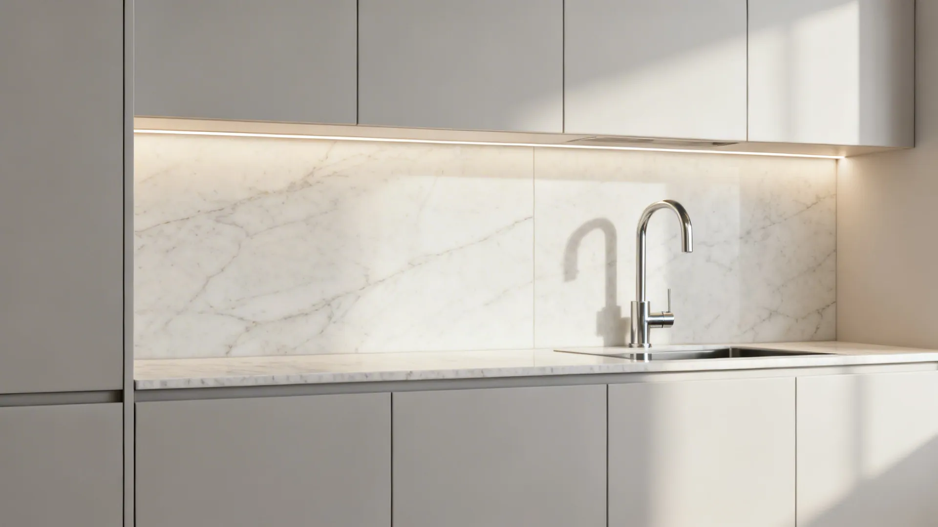 Large-format ceramic slab backsplash in warm white with minimal grout lines in a micro-kitchen.