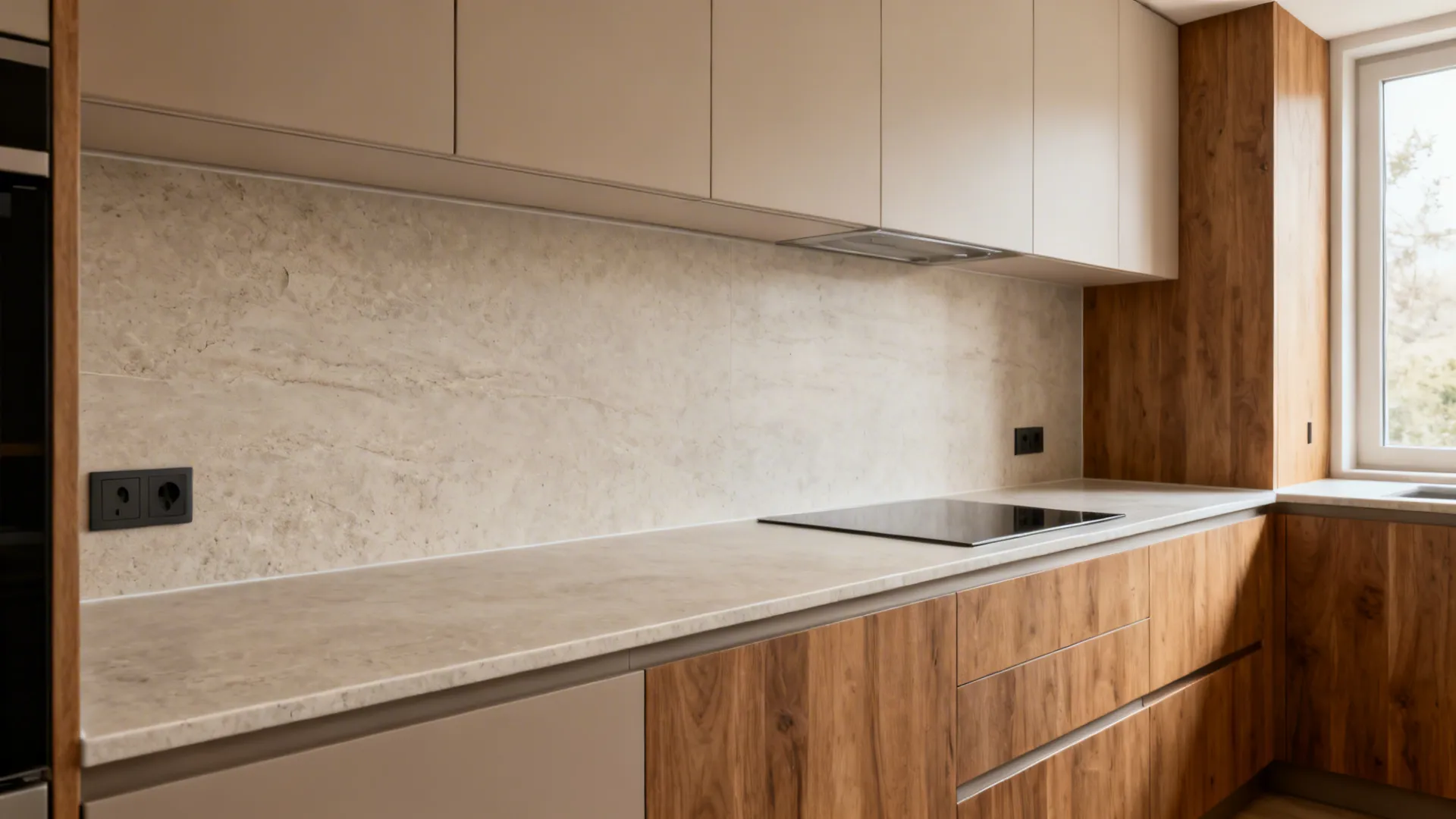 U-shaped small kitchen with a stone-look large-format porcelain slab backsplash and minimal seams.