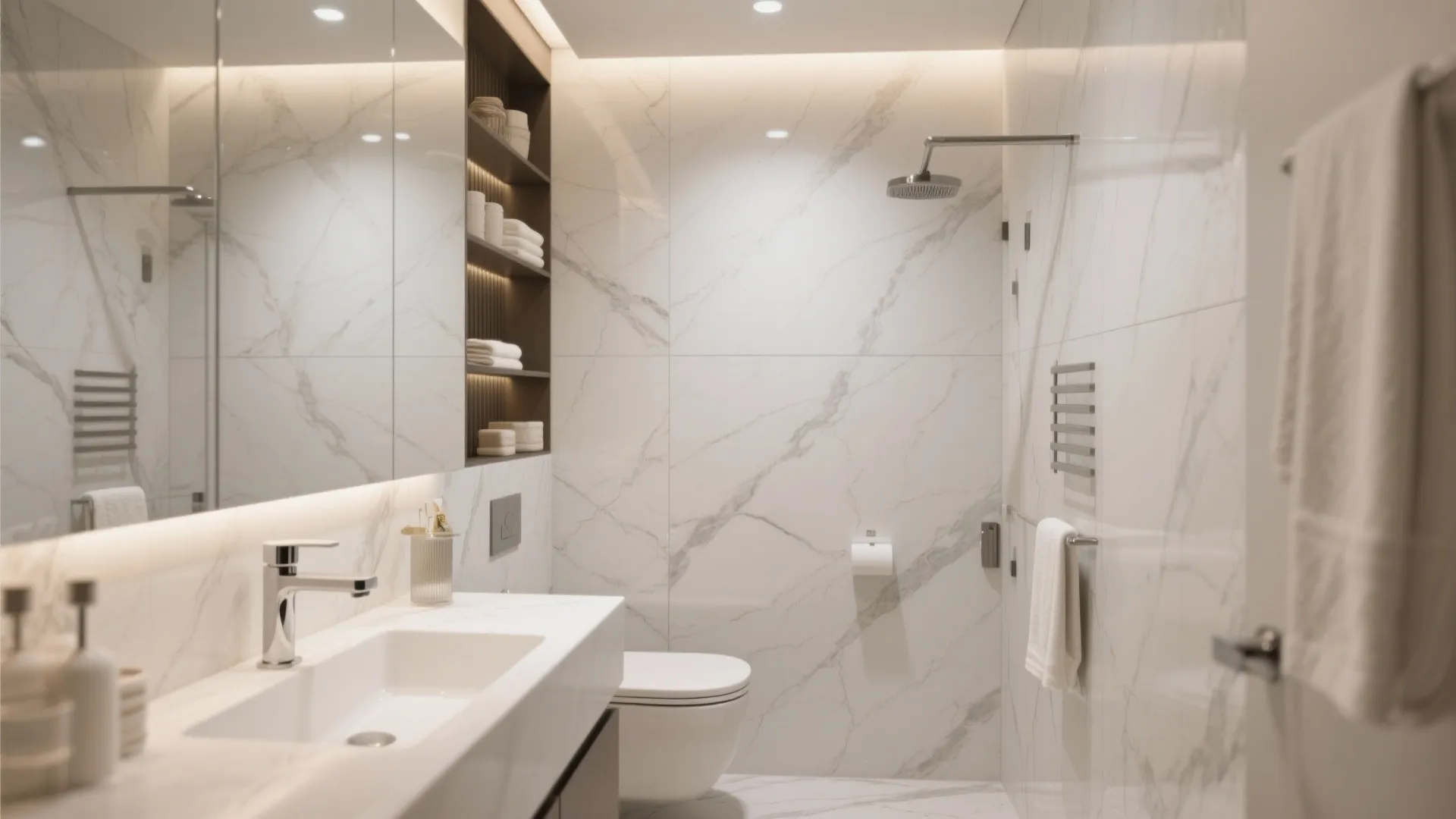 Luxury white marble bathroom with large wall tiles a shower area and modern white sink