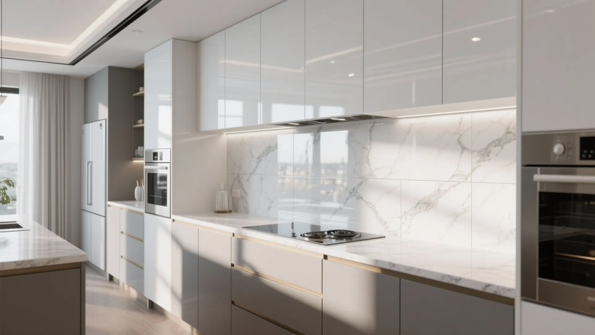 Modern kitchen with white cabinets marble countertop marble backsplash and built in oven and stove