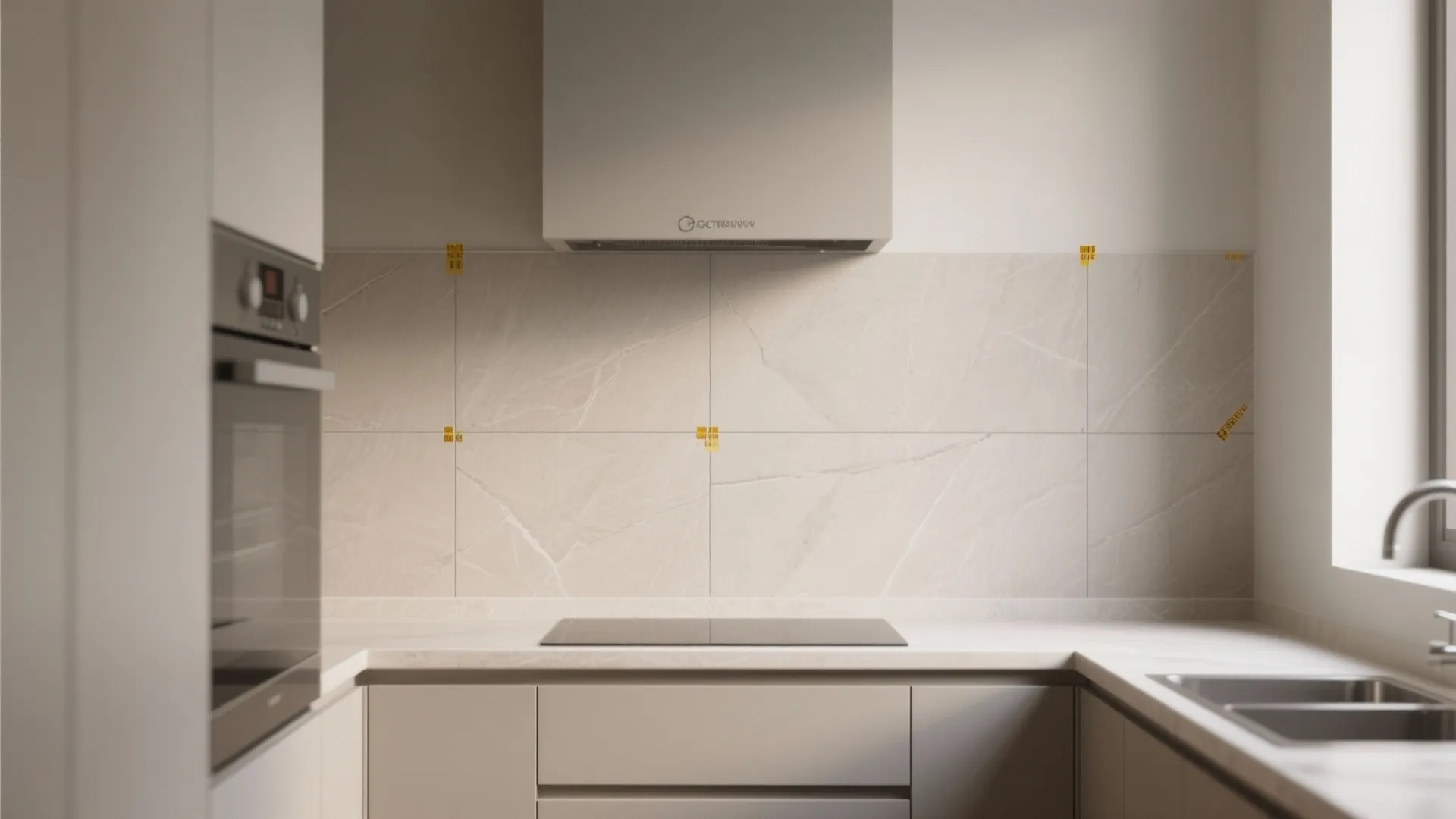 Modern kitchen with large marble wall tiles, induction cooktop, built-in oven, and clean white cabinets design