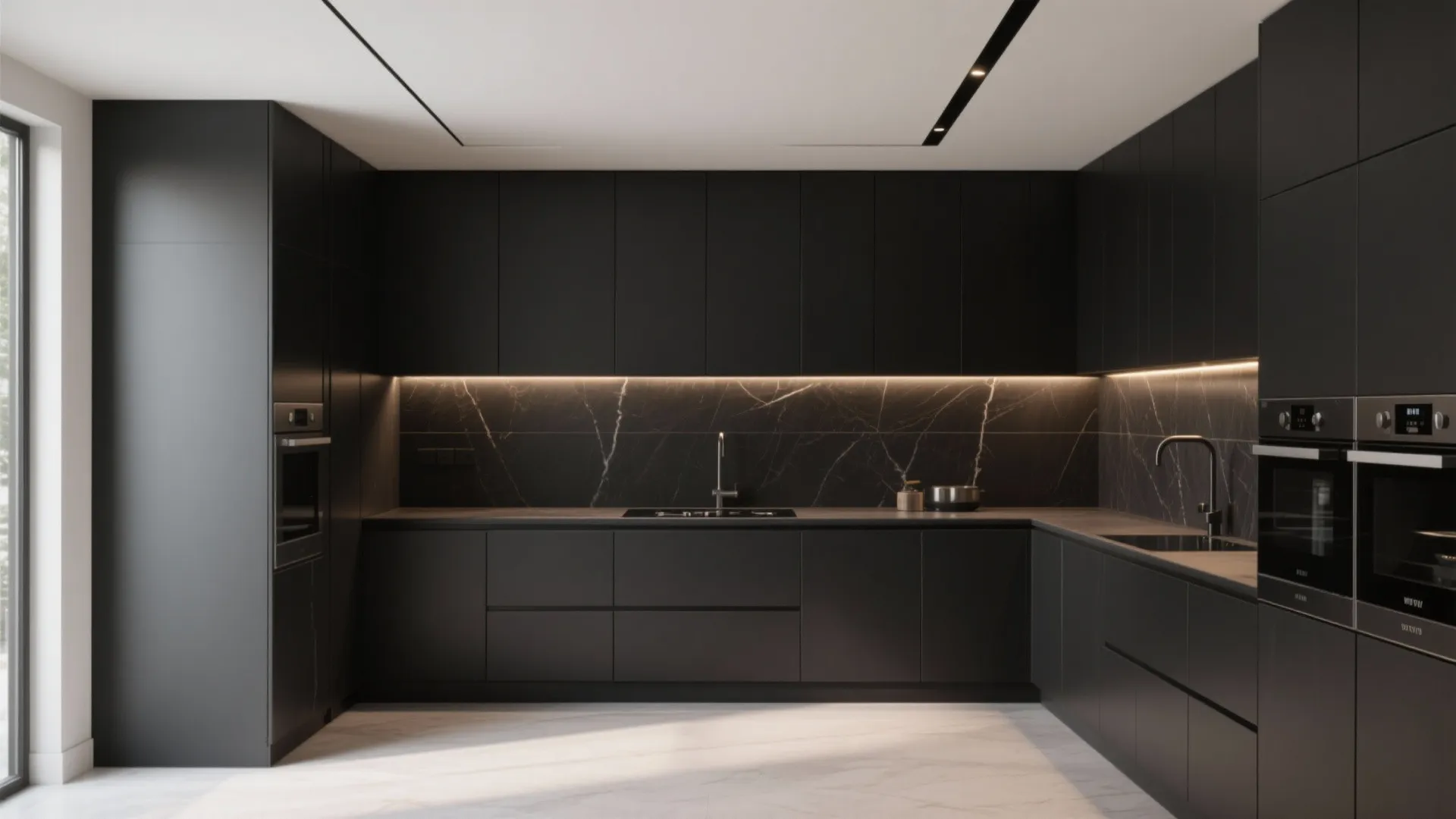 Compact kitchen with large-format black porcelain slabs creating a seamless luxury backsplash.
