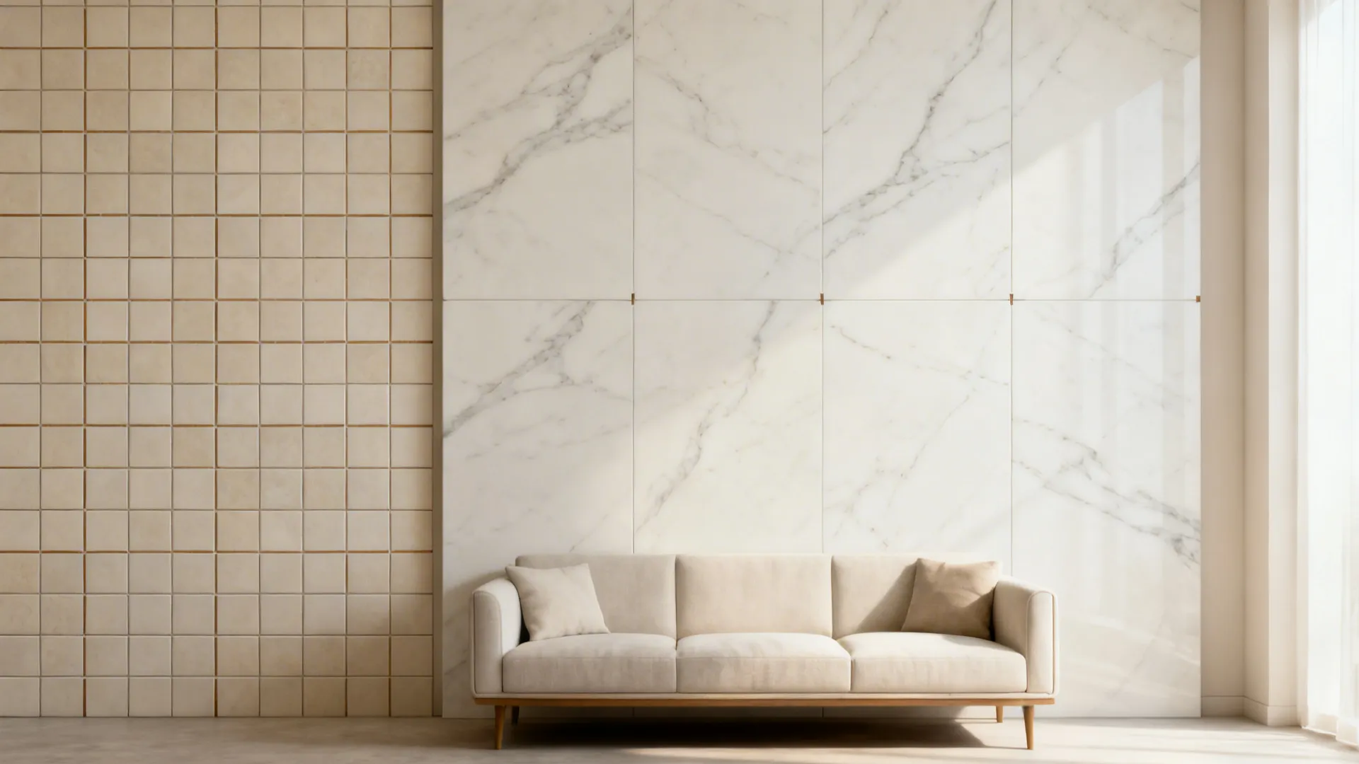 Before-and-after showing small tiled wall versus seamless large-format porcelain slabs.