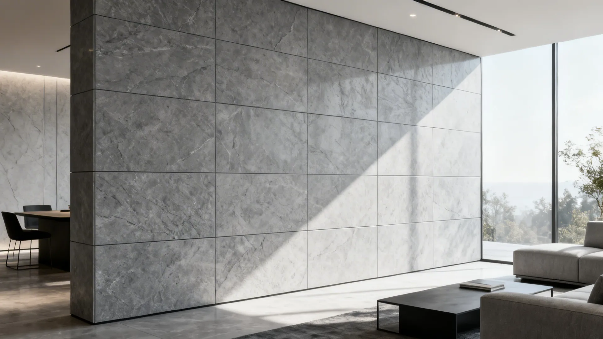 3. Large-format stone-look tiles for a sleek, contemporary wall