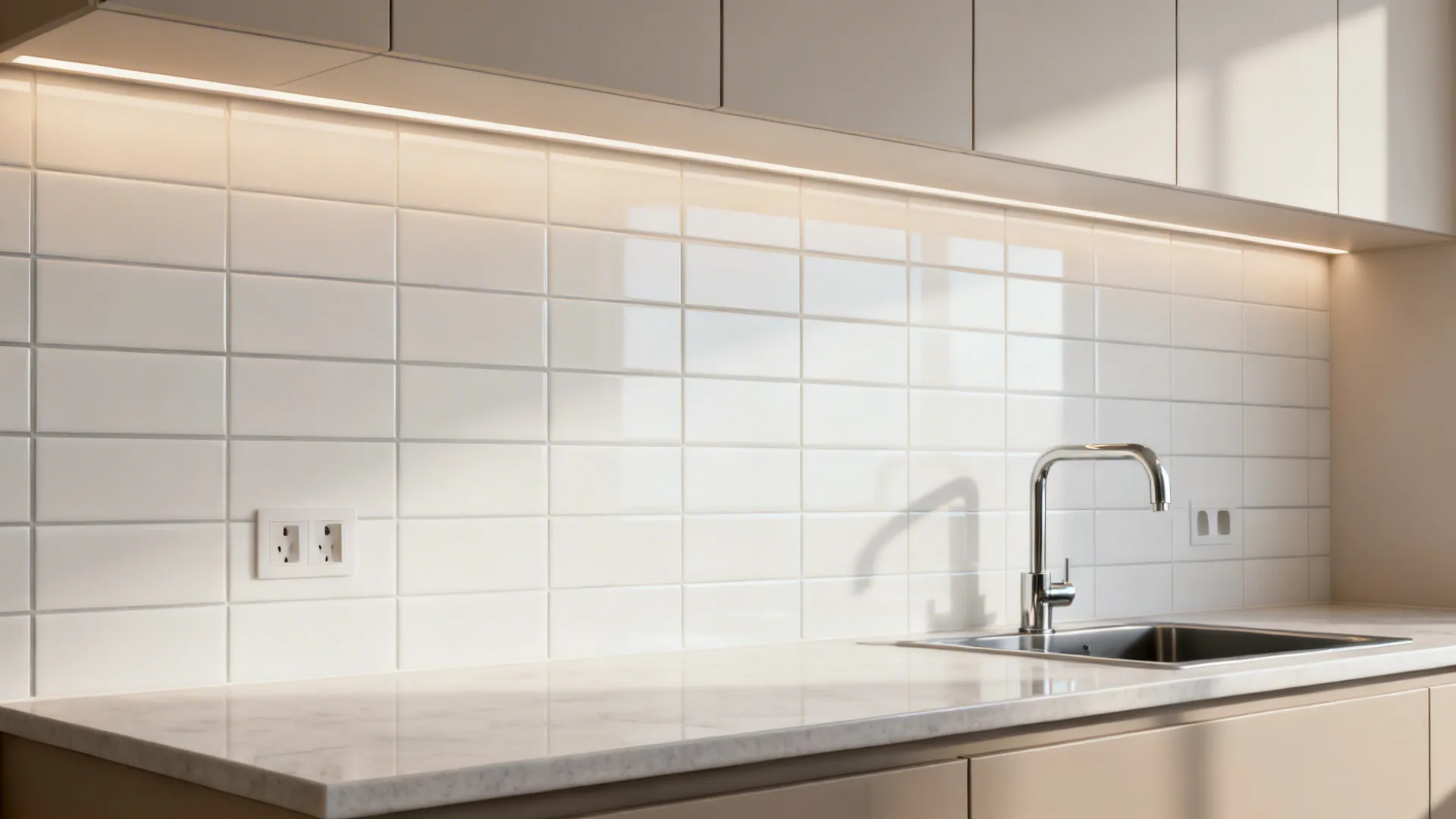 12x24 soft-gloss porcelain backsplash with minimal grout lines in a small kitchen.