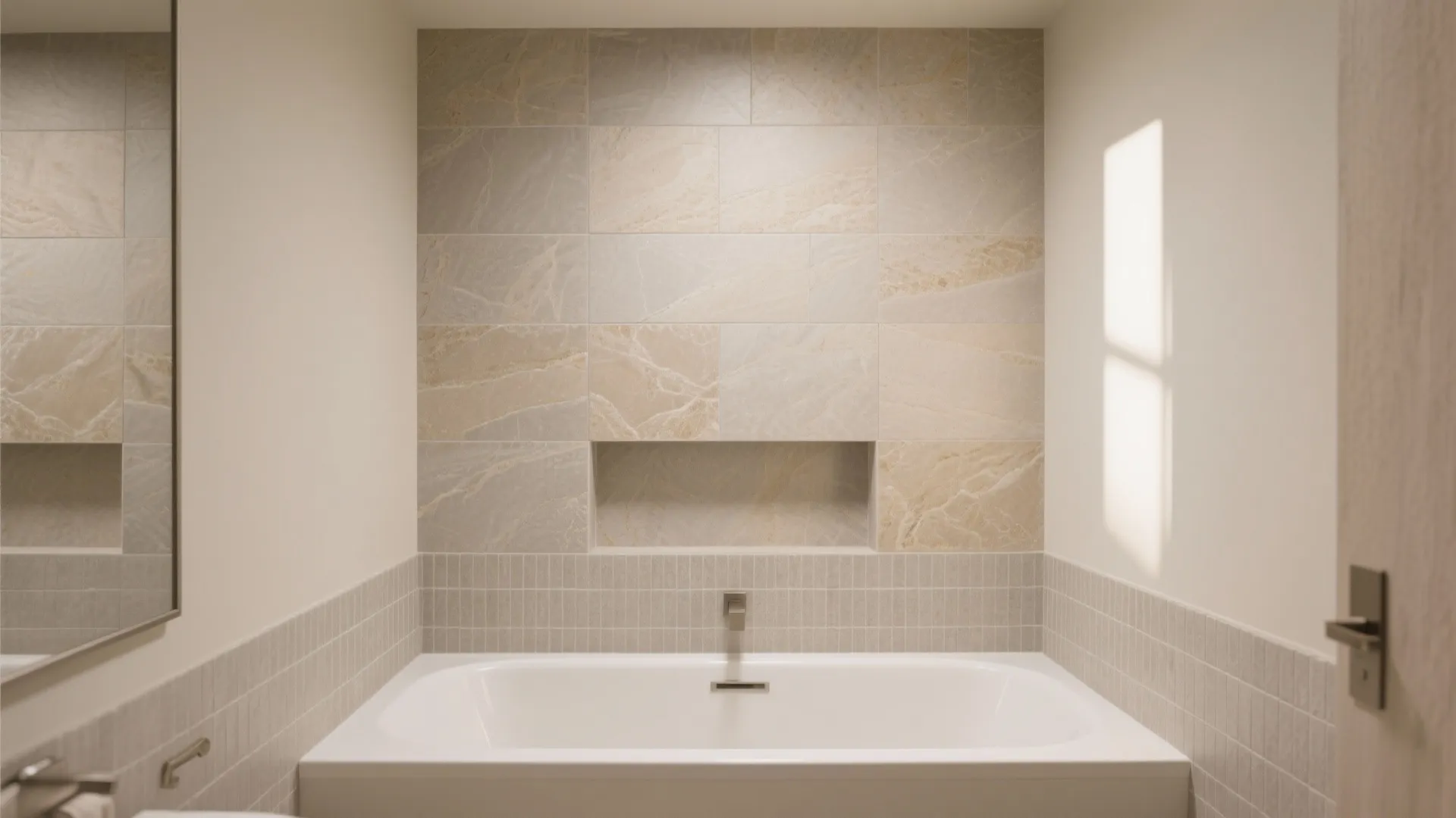 Modern bathroom with white bathtub beige stone wall tiles small grey tiles and a mirror