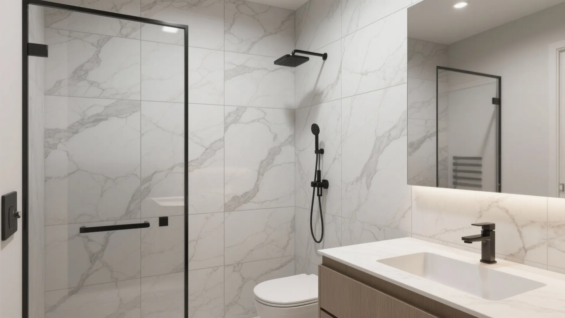 White marble bathroom interior with glass shower door black fixtures wooden vanity and large mirror