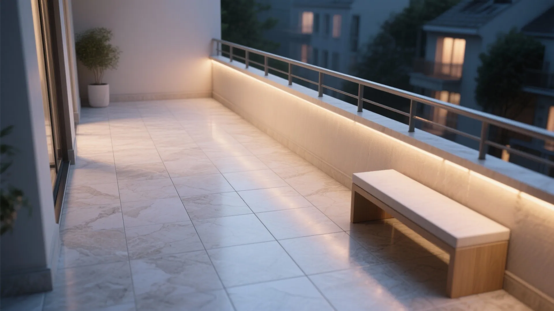 Diagonal wide shot of light limestone-look large-format tiles with slim grout and warm LED ambiance.