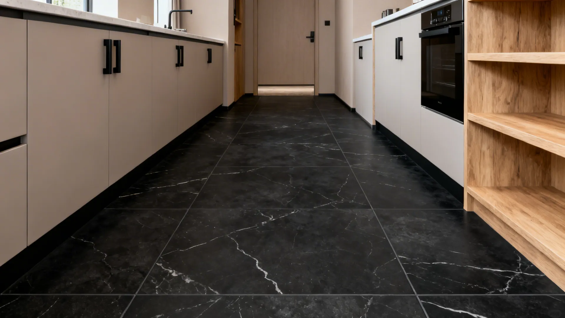 Small kitchen with large-format black stone-look tiles that minimize grout lines and extend the space.