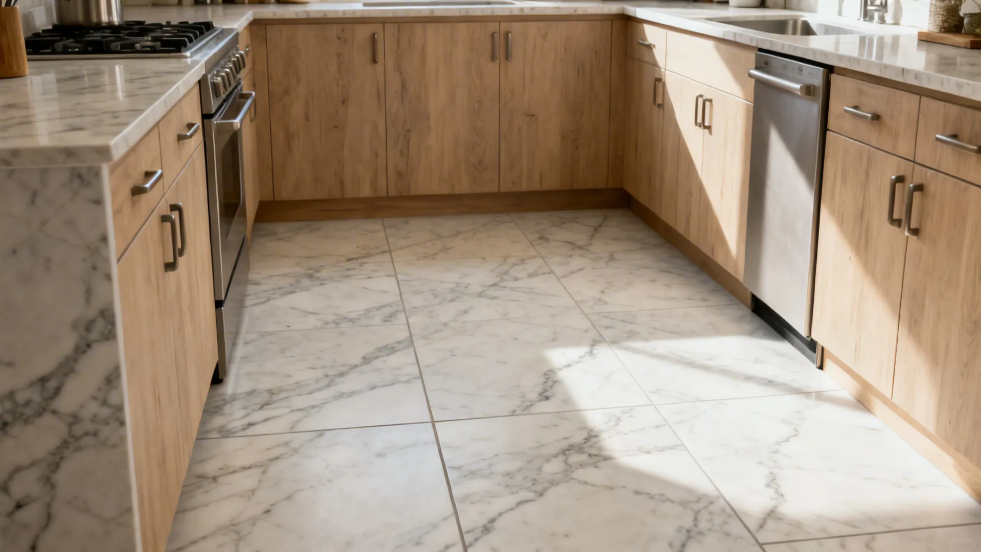 Small kitchen with large-format stone-look porcelain tiles and minimal grout lines.