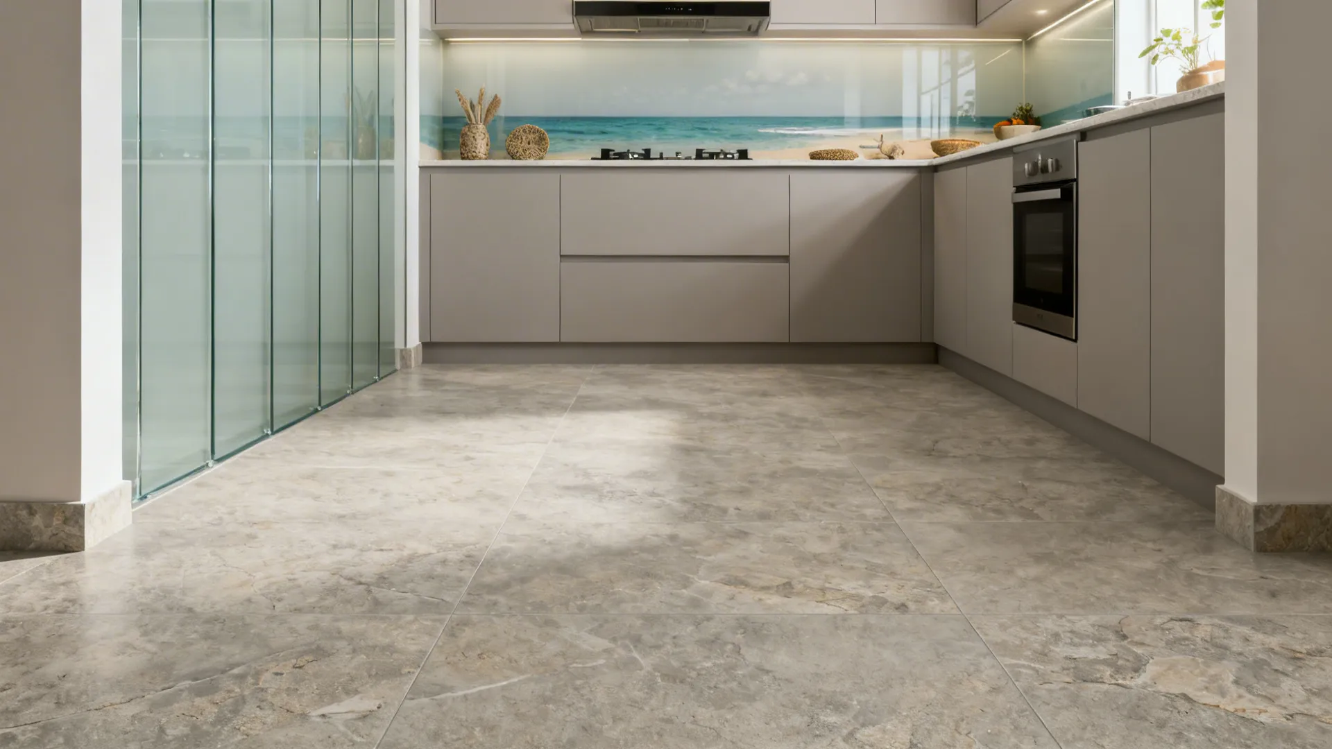 Modern kitchen with grey cabinets, large stone floor tiles, and beach scene on the wall