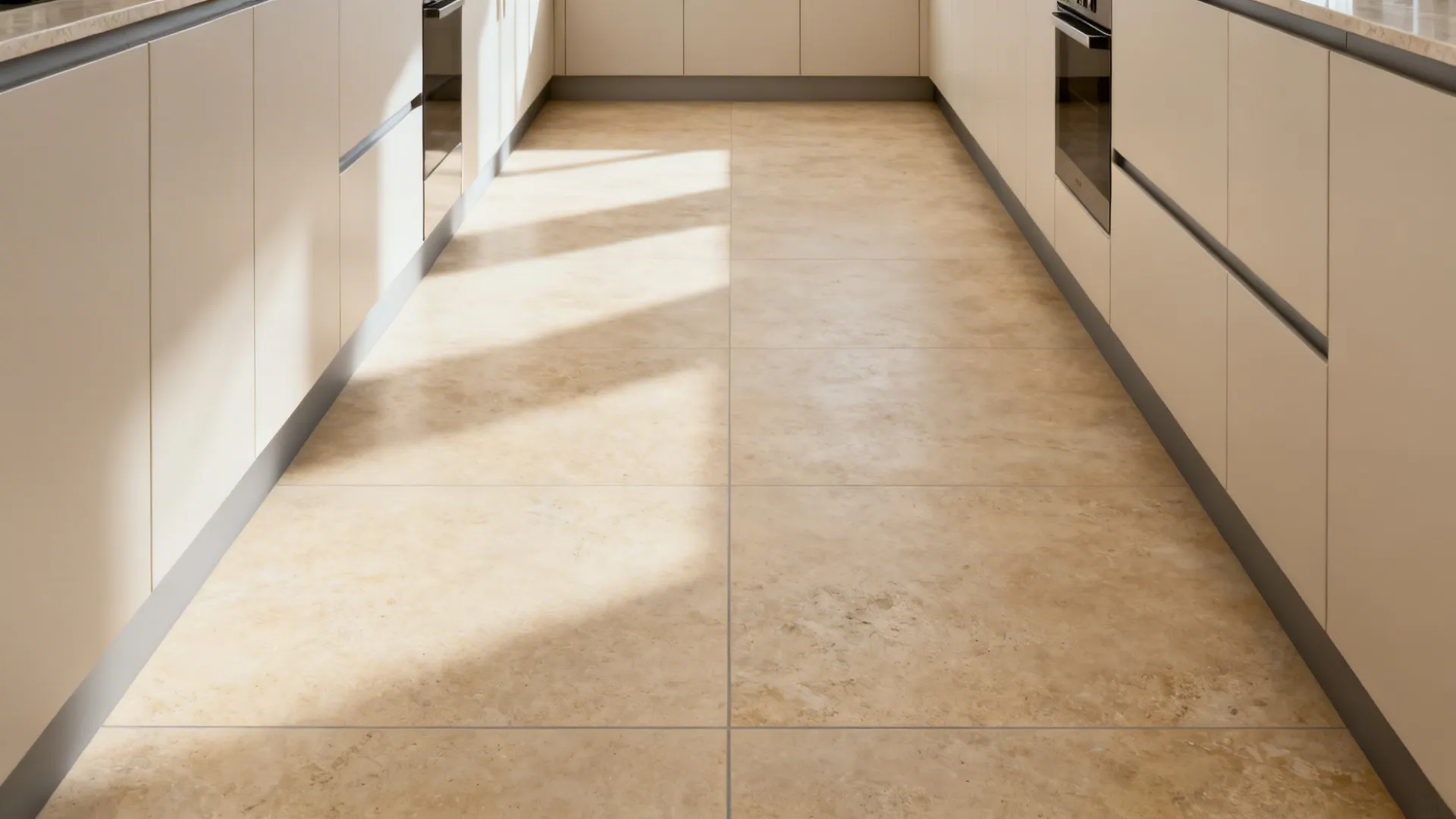 Narrow kitchen with large-format limestone-look matte porcelain tiles and minimal grout.