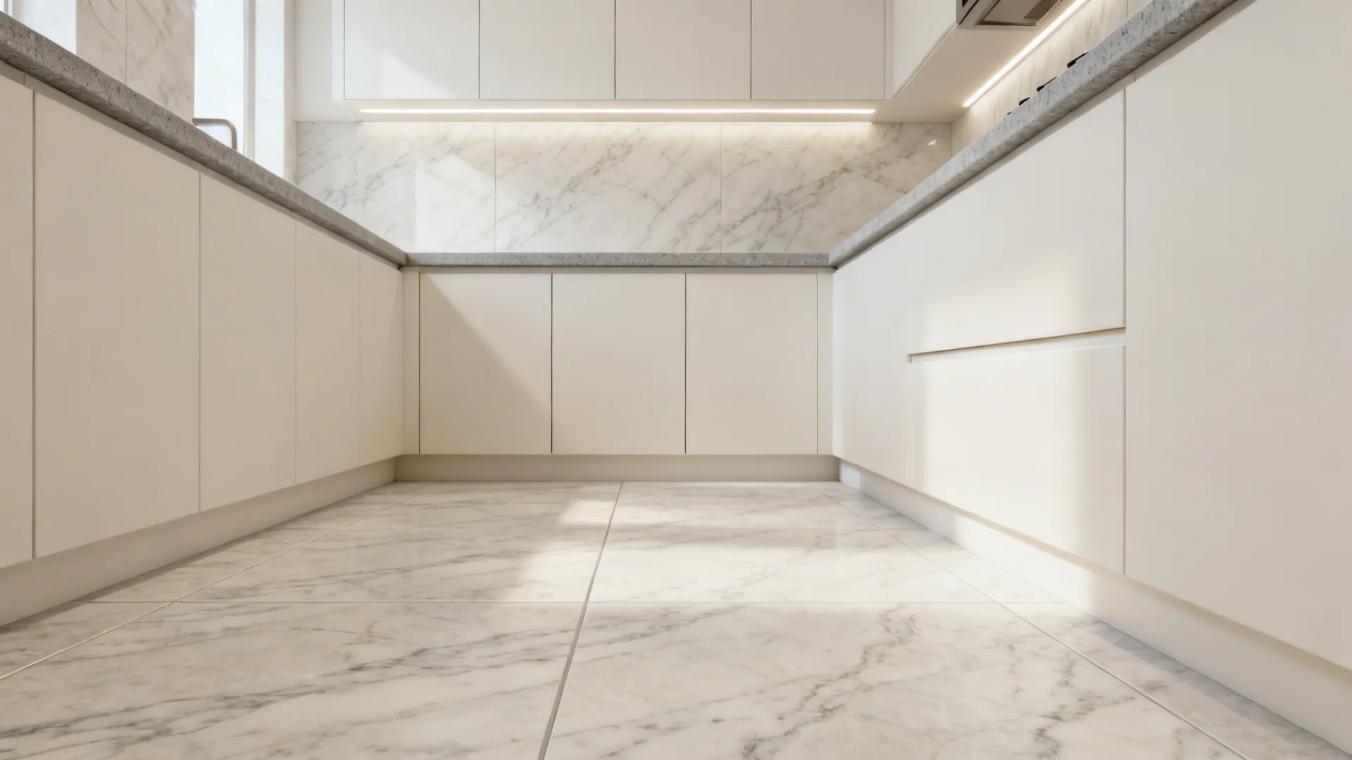 Small kitchen with 24x48 stone-look porcelain tiles and minimal seams for a seamless look.
