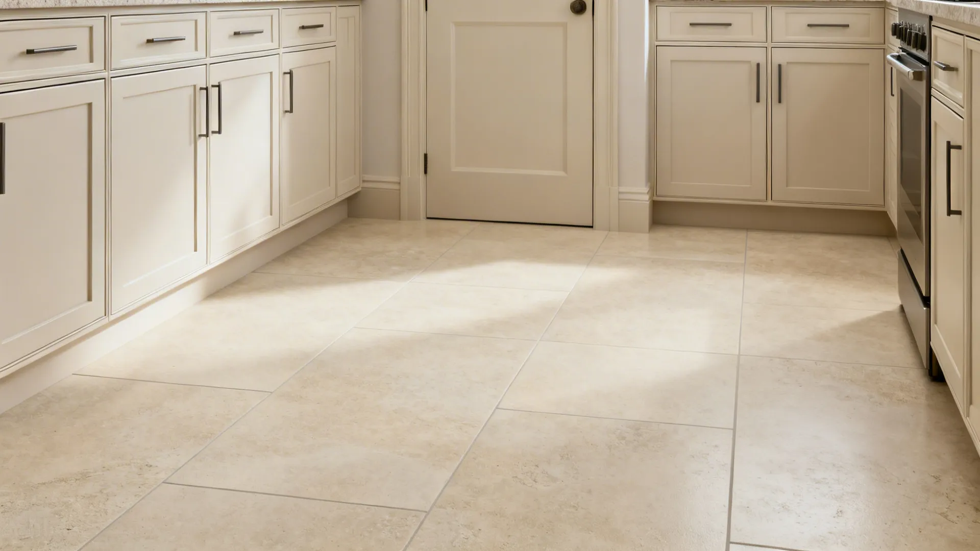 24x24 soft limestone-tone porcelain tiles create a seamless look in a small galley kitchen.