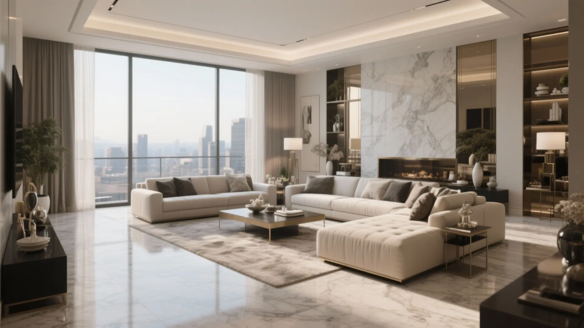 Luxury living room with white sofas marble wall floor tiles large windows and city view skyline