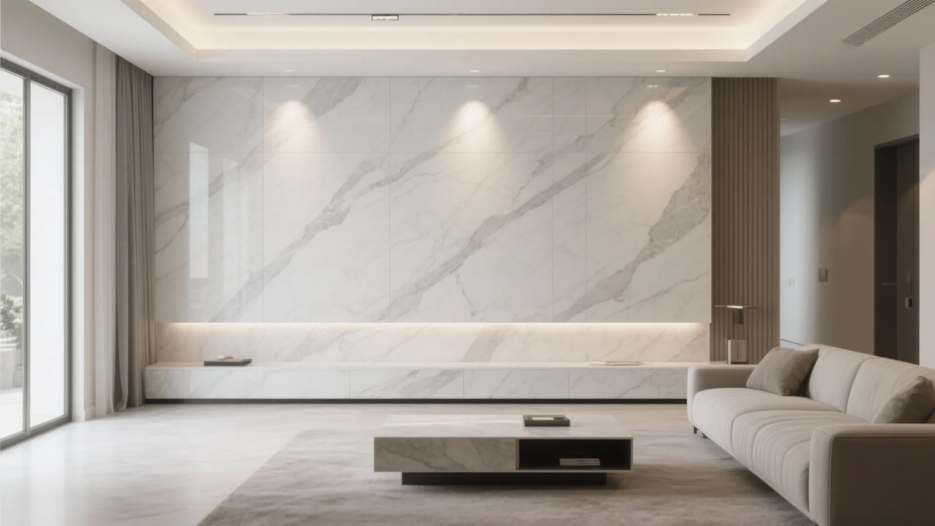 Living room with large marble wall panel white sofa marble coffee table and bright lights